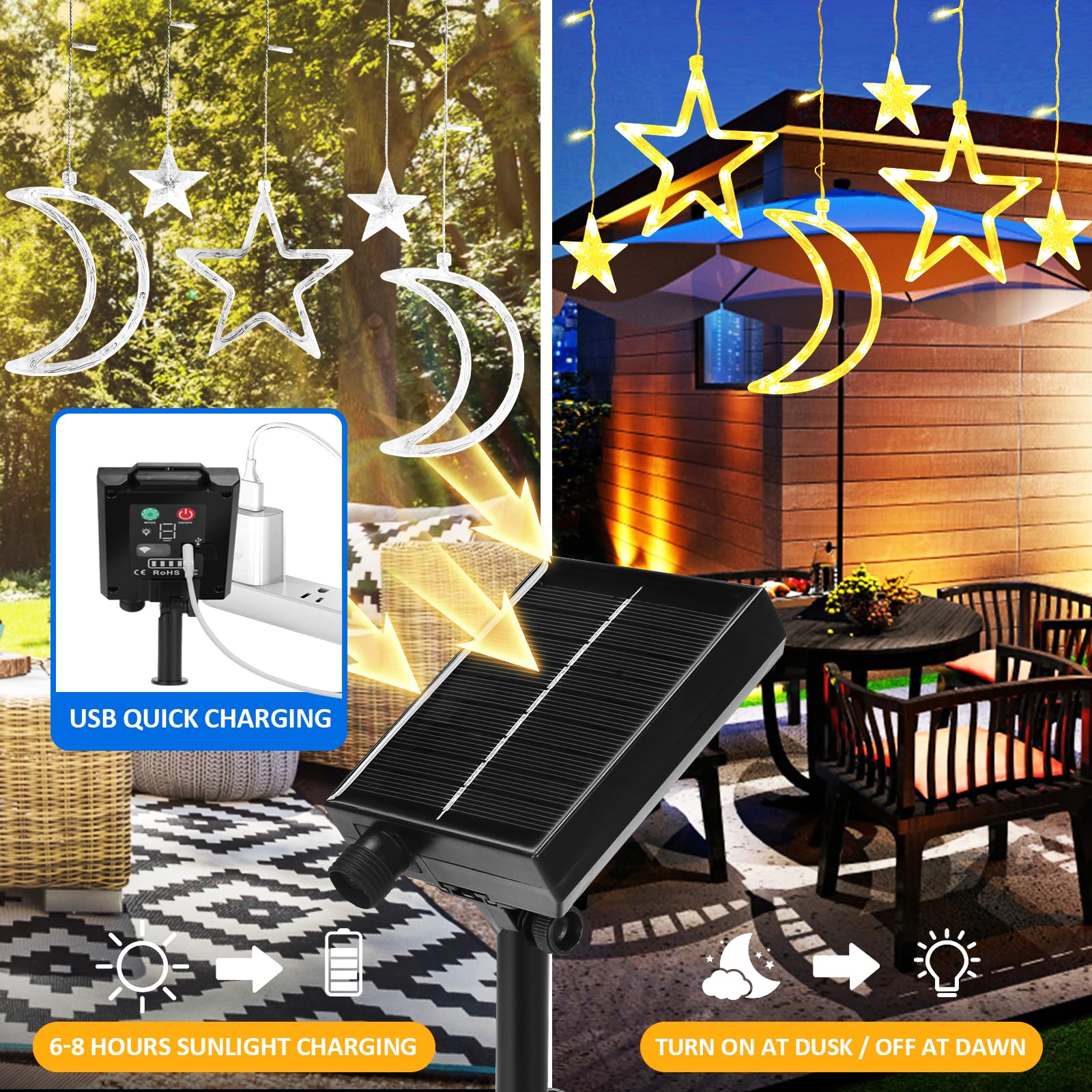 Lylyzoo Moon Star Solar String Lights For Outdoor, Ip65 Waterproof Curtain Lights With Remote Control And Usb Backup Charger, Camping Decorations, Automatic On-Off, Warm Yellow