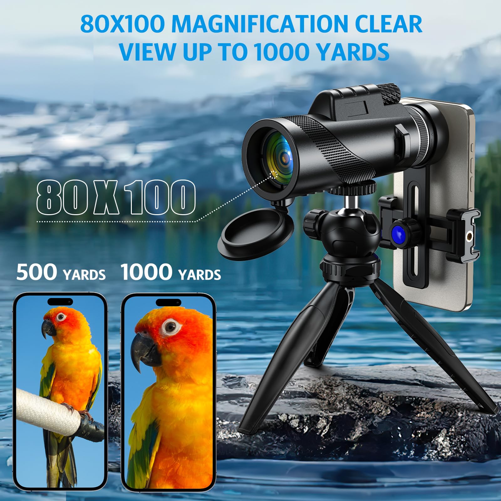 Criacr Monocular Telescope, 80X100 High Power Monocular Telescope For Stargazing, Monocular With Tripod And Smartphone Adapter, High Definition Monocular For Hiking Hunting