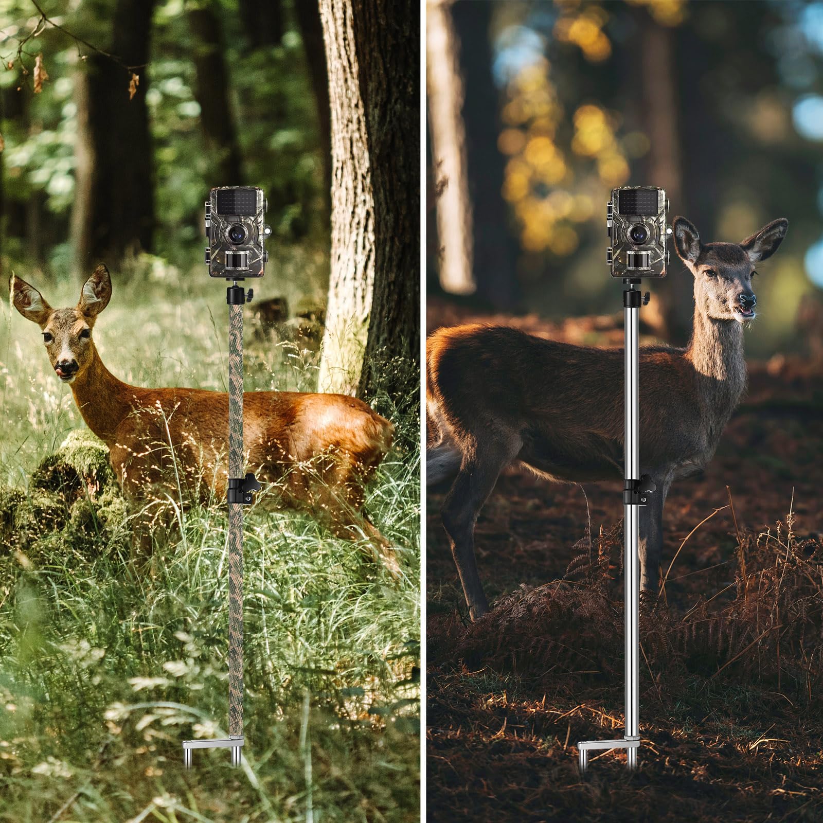 Morningro 1 Pack Trail Camera Stand Mount Foldable Stainless Steel Game Camera Stand Bracket 360° Adjustable 1/4''-20 (6Mm) Screw Connection Trail Stake With Camo Wrap Tapes For Deer Cam Accessories