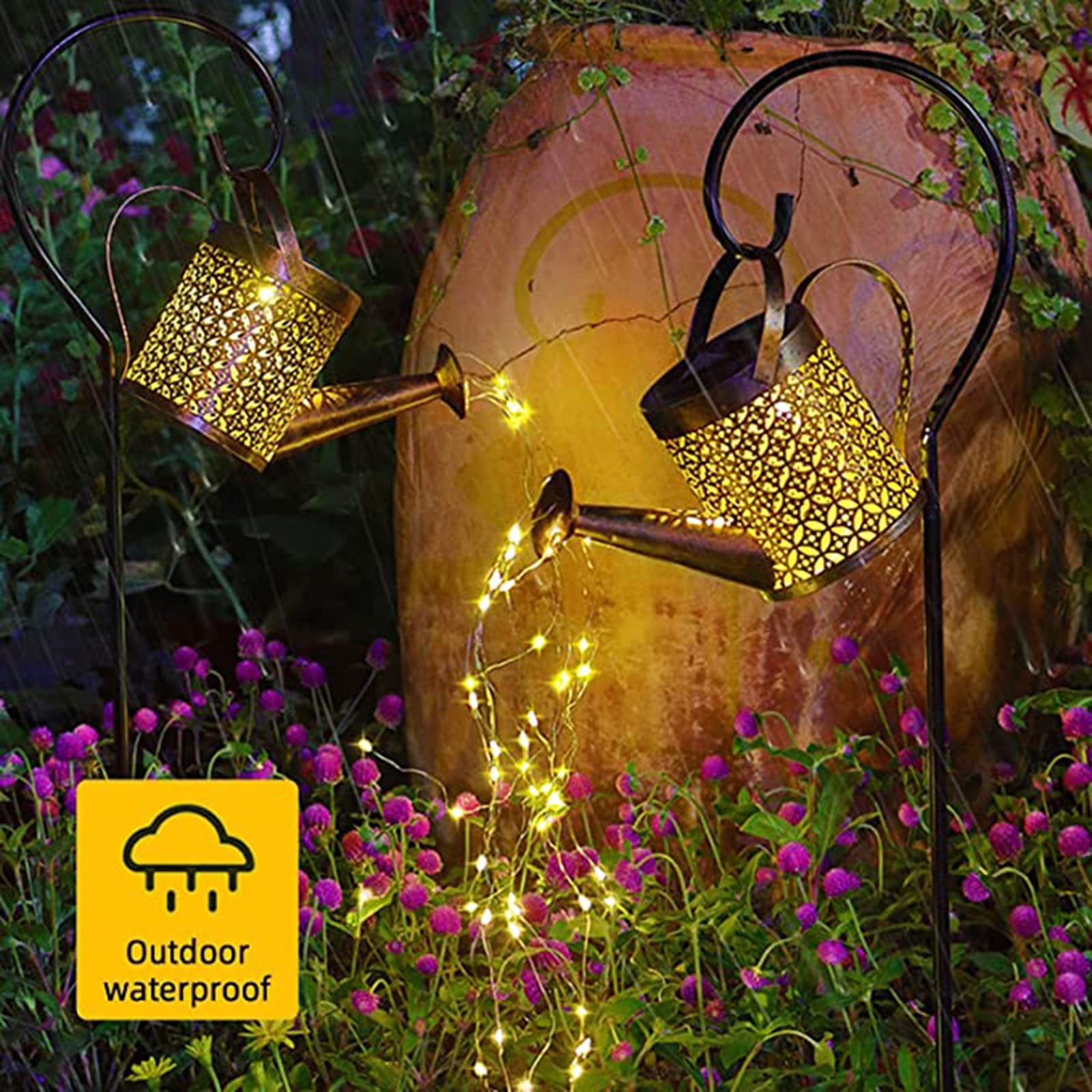 Neioaas Solar Watering Can Lights, Led Solar Lantern String Light Outdoor Garden Waterproof Hollowed-Out Retro Metal Water Can Lights, For Garden Patio Yard Pathway Lantern Plant Decoration(With Bracket)