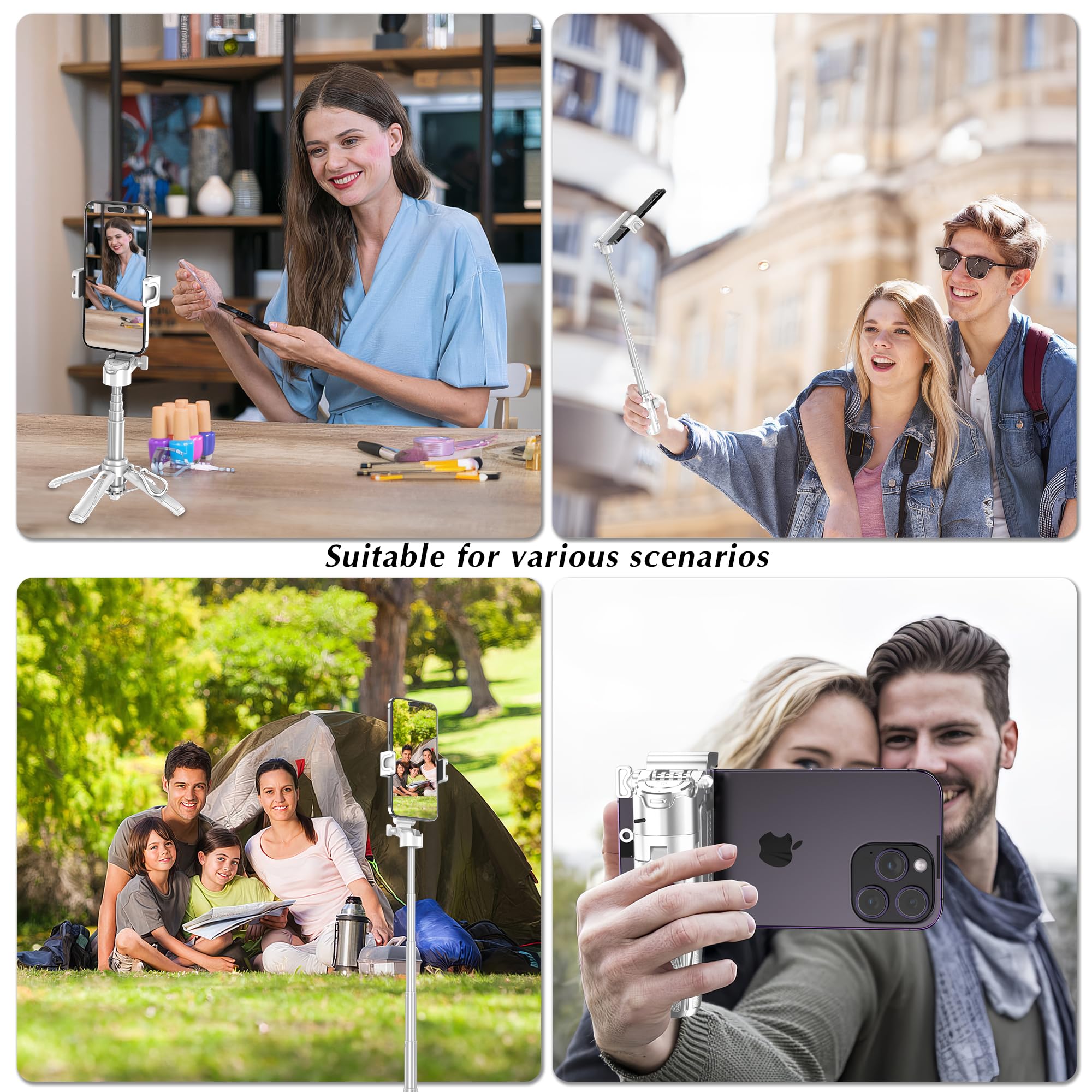Eug-Products Mini Selfie Stick Tripod, Extendable Grip Phone Tripod With Detachable Remote Pocket Size, 4-In-1 Mini Phone Grip, 10M Wireless Shutter, Vlog Livestreaming Photography （White）