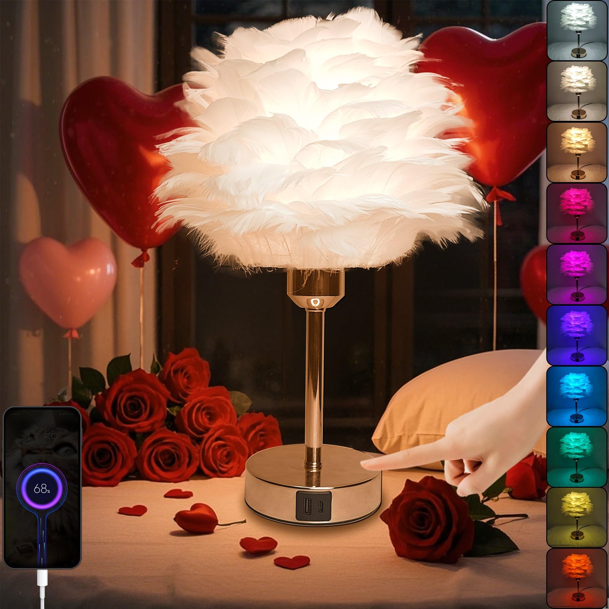 Kyfgdla Touch Bedside Table Lamp With Stylish White Feather Lamp Shade And E26 Smart Light Bulbs, Usb C+A Ports, Rgb+Cct, Compatible With Alexa Google Assistant, 9W,800Lm, For Her/Girls Room, Rose Gold