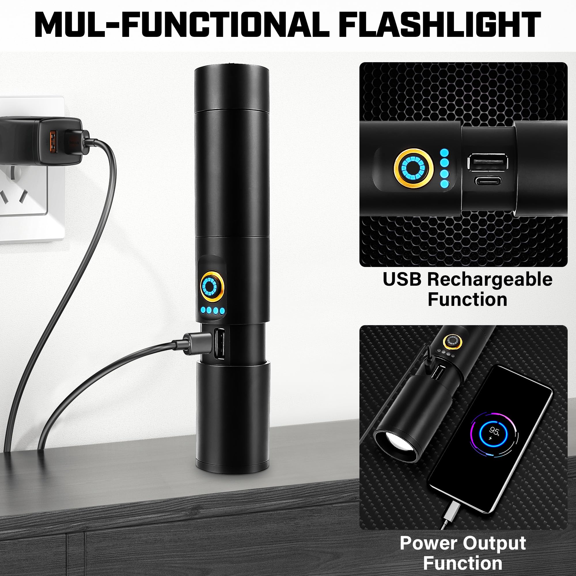 Sparkleing Rechargeable Flashlights High Lumens, 2000 Lumen Super Bright Flashlight, 5 Modes Handheld Powerful Usb C Emergency Led Flash Lights Battery Powered For Night Walking Camping Car Outdoor Hiking Home