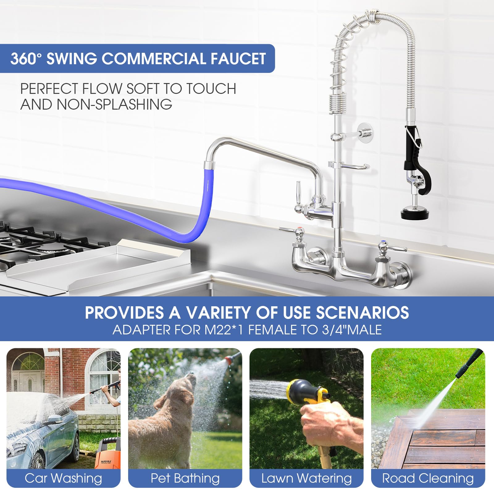 Nymeliu Commercial Faucet With Sprayer, 25'' Height Wall Mount Faucet, 8 Adjustable Center, 12'' Swing Spout, Pre Rinse Sprayer For Commercial Kitchen Compartment Sink, Chrome, Industrial