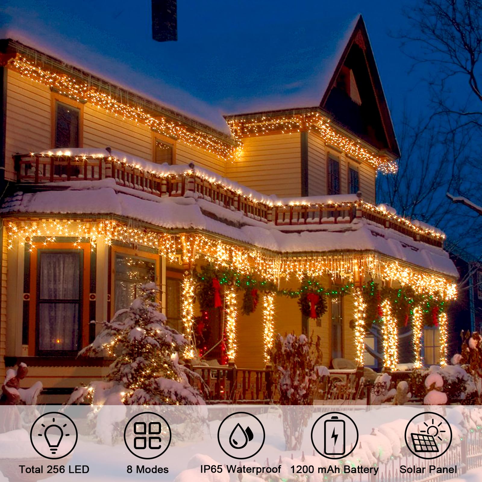 Opahuter Solar Icicle Lights Outdoor, 23Ft 256 Leds Christmas Icicle Lights With 8 Lighting Modes, Remote Control, Ip65 Waterproof Curtain Fairy Lights With 32 Drops For Window Xmas Garden Gazebo