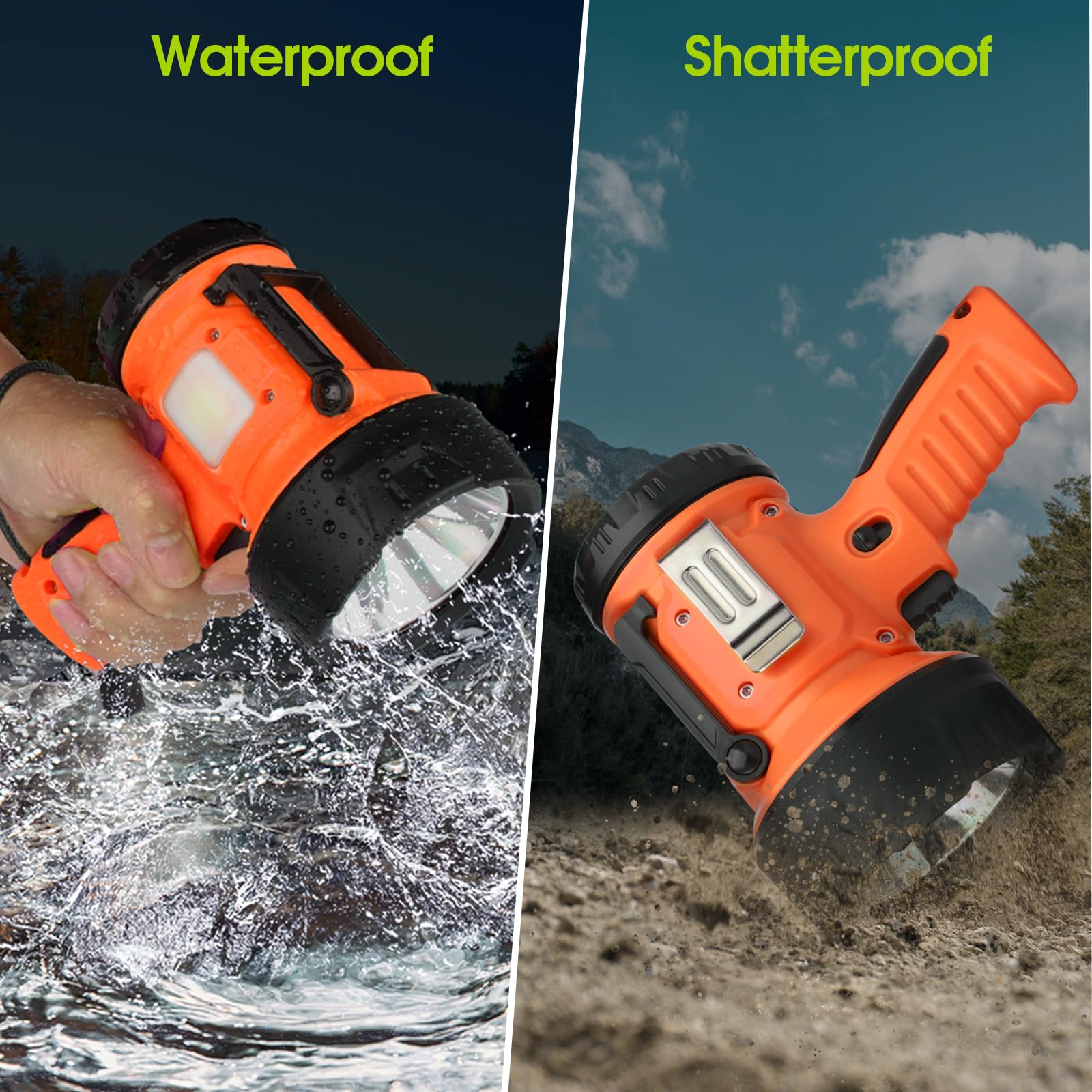 Wenfeng Rechargeable Spotlight Flashlight With 1000,000 Lumen Led, Ip65 Waterproof Searchlight Handheld Work Light With Foldable Stand And Red Lens- Orange