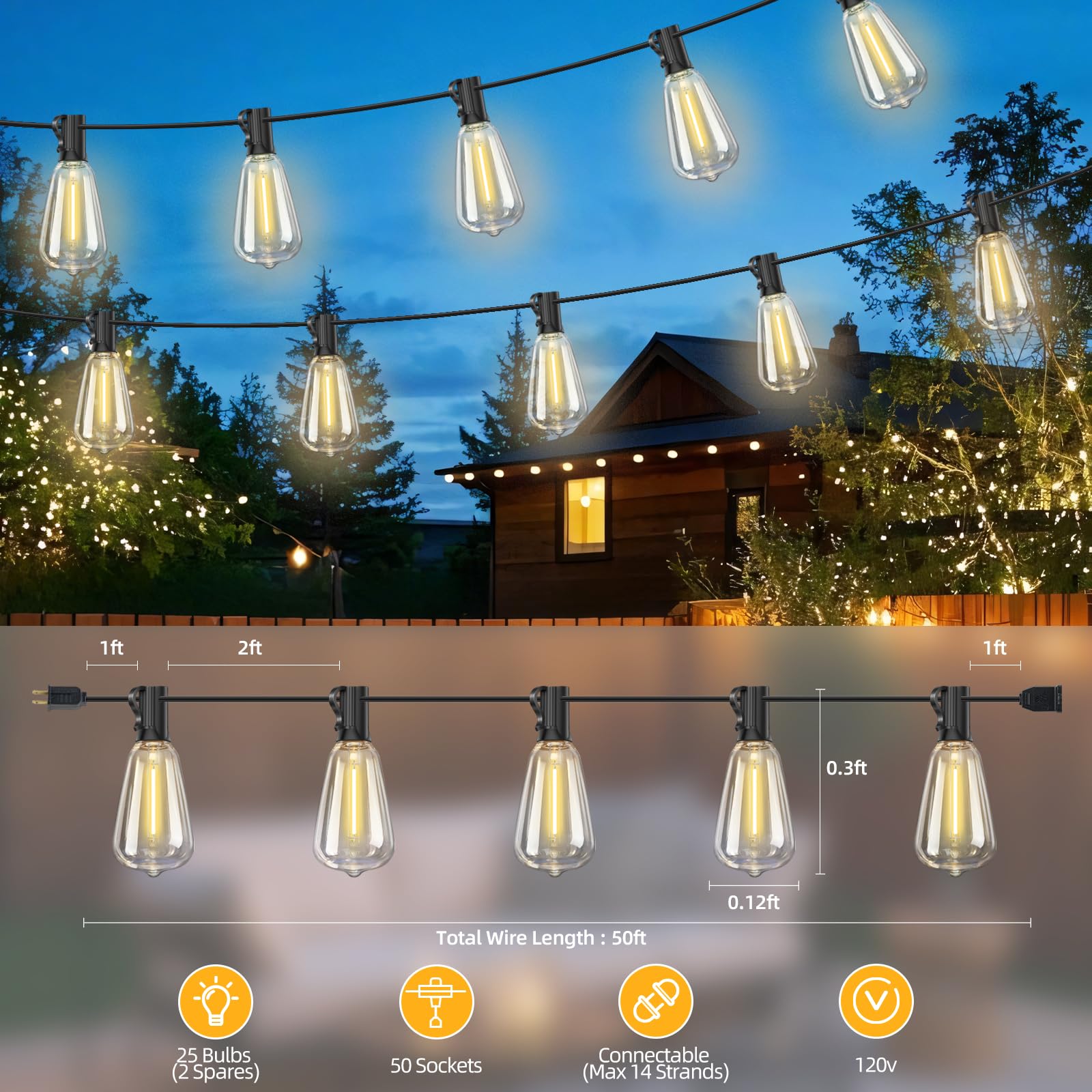 Hobbynors St38 50Ft Led Outdoor String Lights With 25+2 Spare Bulbs, E12 Socket, 2700K Warm White-For Backyard, Wedding, Camping, Porch, Deck, Gazebo, Bistro Decor