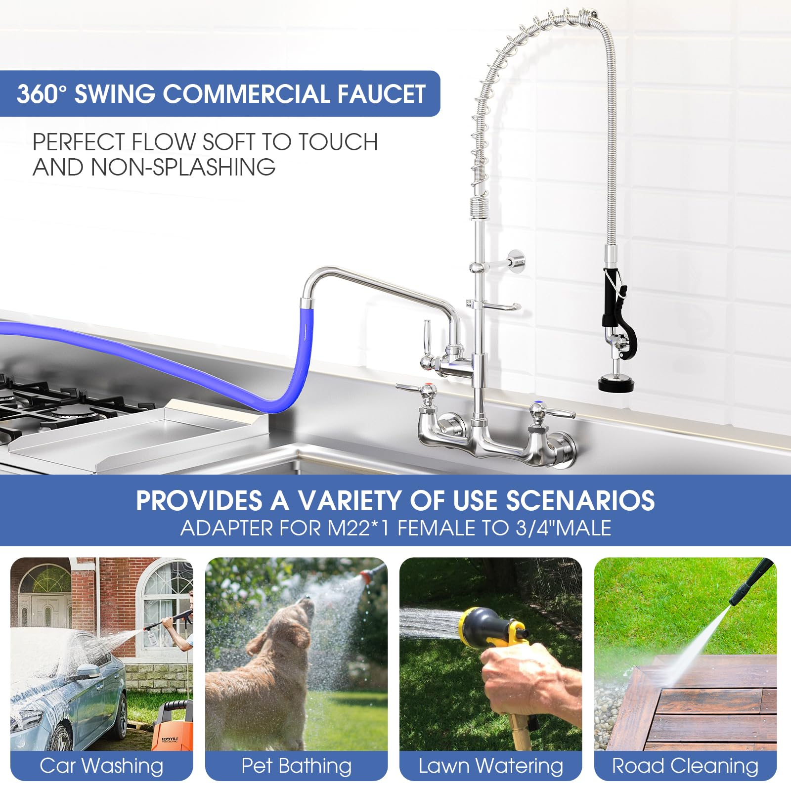 Nymeliu Commercial Sink Faucet With Sprayer 36" Height Commercial Kitchen Faucet Wall Mount With 12" Add-On Spout, Stainless Steel Hose Pre-Rinse Sprayer For Restaurant