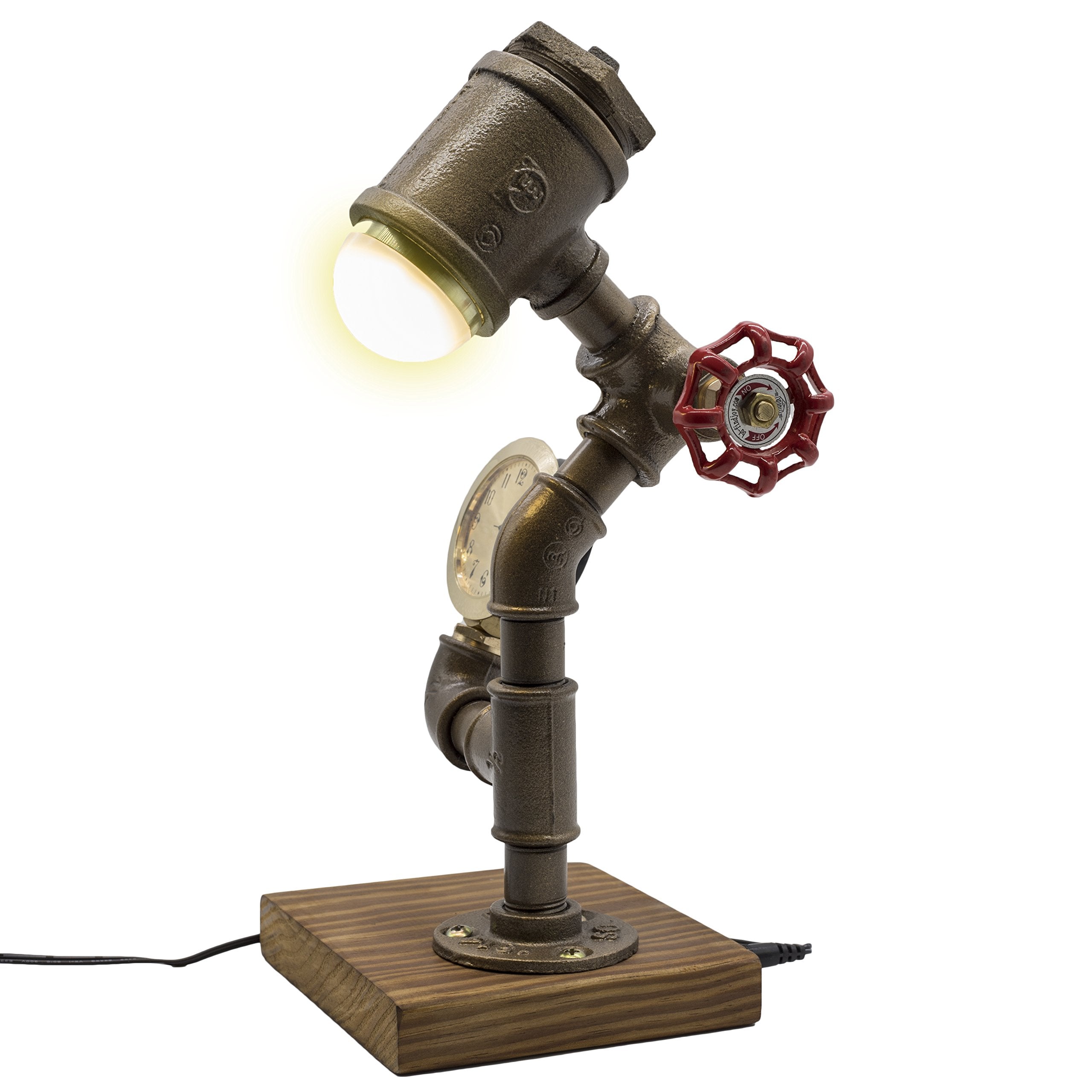Y-Nut Industrial Steampunk Led Desk Lamp, Wood Base With Iron Piping Loft Style Vintage Antique Light, Retro Desk Lamp, Timer Edison Lamp Holder Ll-0018