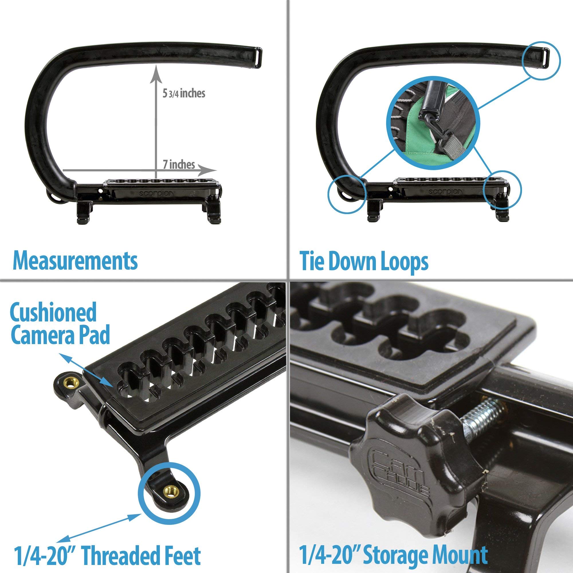 Cam Caddie Scorpion Ex Skateboard Camera Handle With Threaded Feet - Professional Steadycam Handle For Most Cameras, Camcorders, Smart Phones And Action Sports Cams - Black - Skate Edition