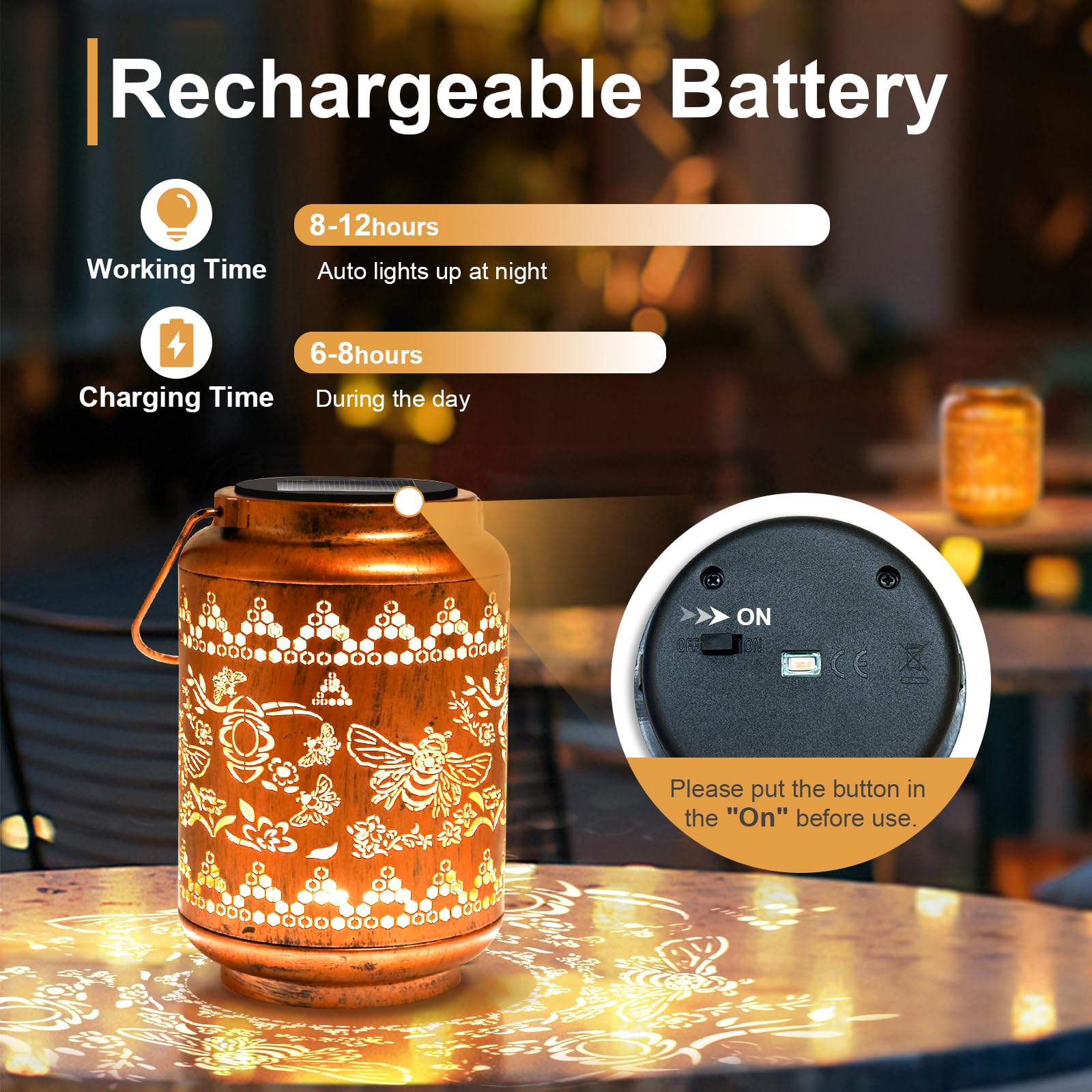 Joinow Solar Lanterns Outdoor Bee Metal Waterproof Garden Decor Christmas Birthday  For Women Mom Grandma Decorative Led Hanging Solar Lights Outside For Yard, Patio,Backyard,Landscape