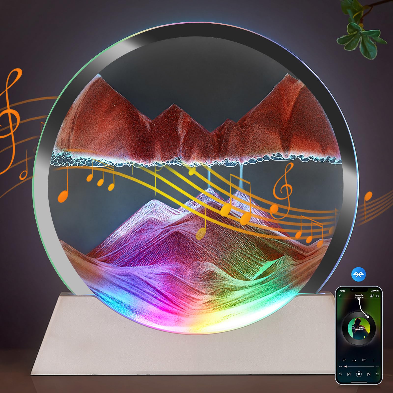 Kokbnr Moving Sand Art Bluetooth Speaker Bedside Lamp,Music Sync Color Changing Rgb Led Lights,Dimmable Multi-Color Changing Table Lamp Sand Art Lamp For Home Decor Relaxation/Party/Music/-(Yellow)