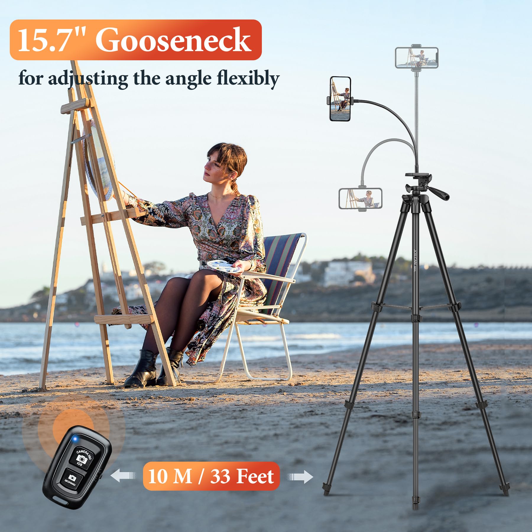 Joilcan 82” Cell Phone Camera Tripod With Flexible Gooseneck Remote Phone Holder, Travel Tripod For Video Recording Vlog Photo, Lightweight Aluminum Phone Tripods
