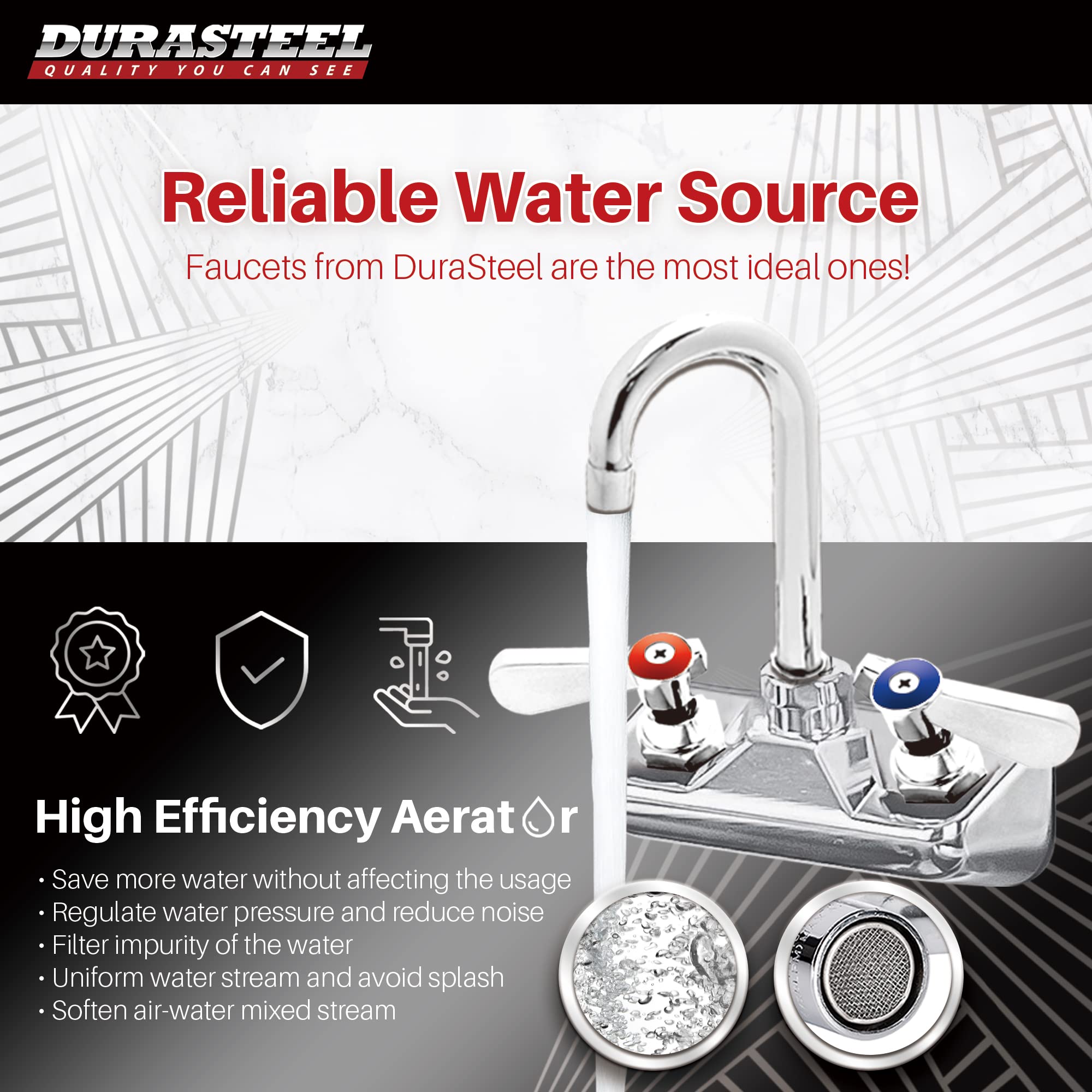 Durasteel Commercial Hand Sink Faucet - 4 Inch Center Wall Mount Handwash Sink Faucet With 3-1/2" Gooseneck Spout - Cec  Saving Water - Dual Swing