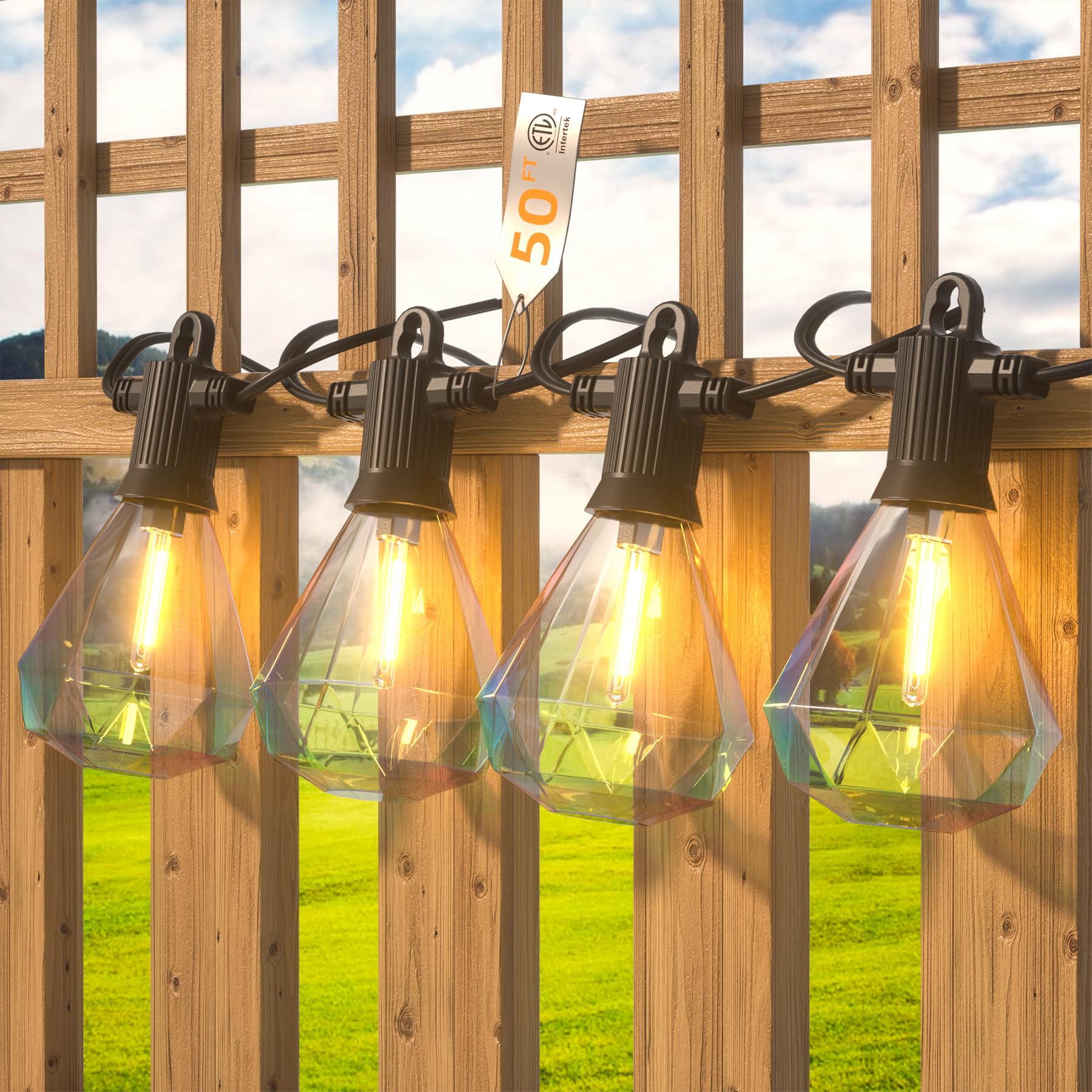 Zuske 50Ft Outdoor String Lights Led Patio Lights String With 25Pcs Shatterproof Diamond Bulbs Ip65 Waterproof Heavy Duty Led Porch String Lights For Outside Porch Yard Garden Party Bistro