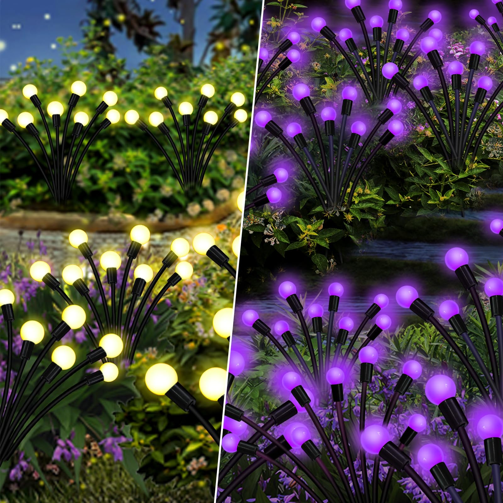 Kohlrabi 6 Pack 60 Led Solar Firefly Lights,4 Pack Warm White+2 Pack Purple