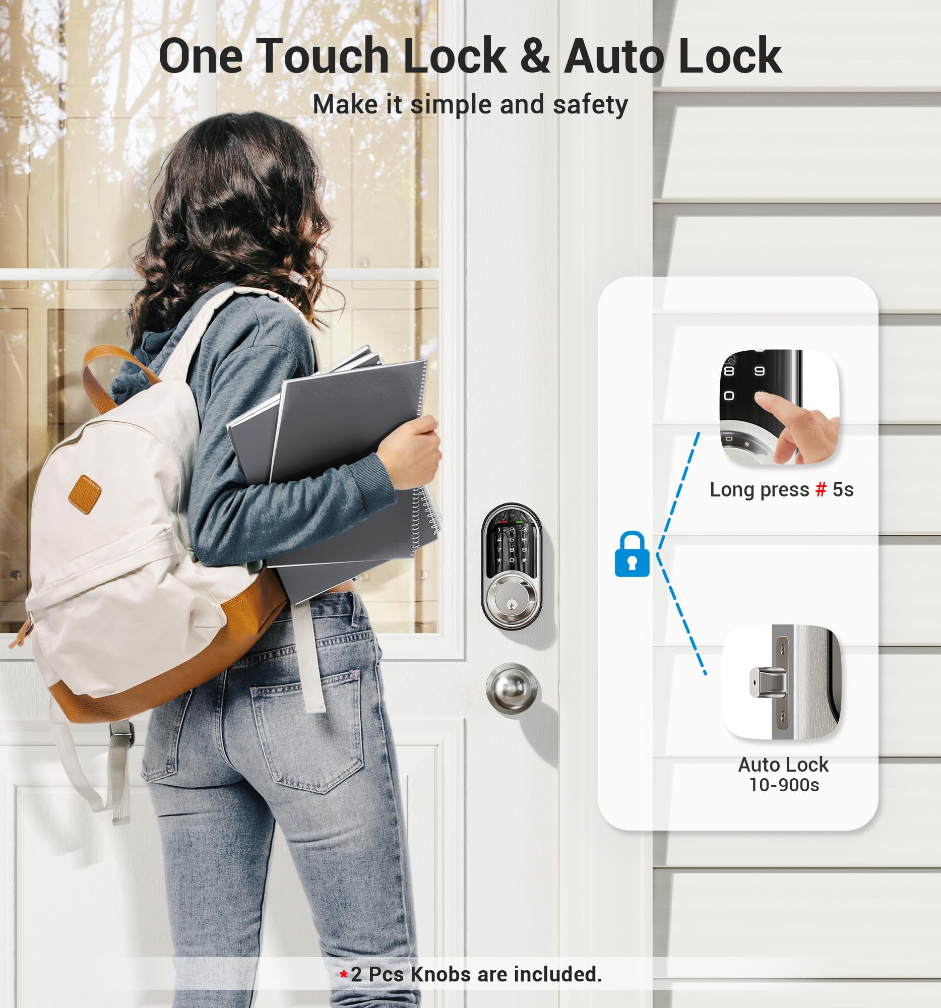 Veise Rz06C Smart Locks For Front Door, 2 Knob Handle Set, Keyless Entry Deadbolt, App Control, Electronic Touchscreen Digital Keypad, Auto Lock, Easy Installation, Ip54 Waterproof, Satin Nickel