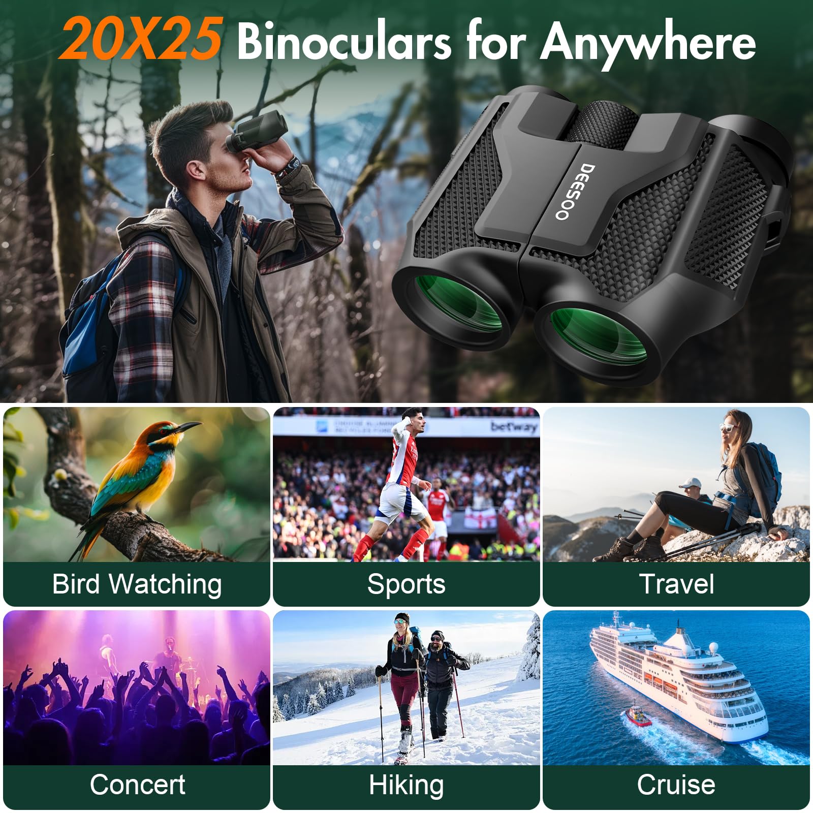 Deesoo Compact Binoculars For Adults High Powered - 20X25 Mini Small Binocular For Kids - Low Light Vision Binoculars For Bird Watching Travel Concert Hunting Hiking