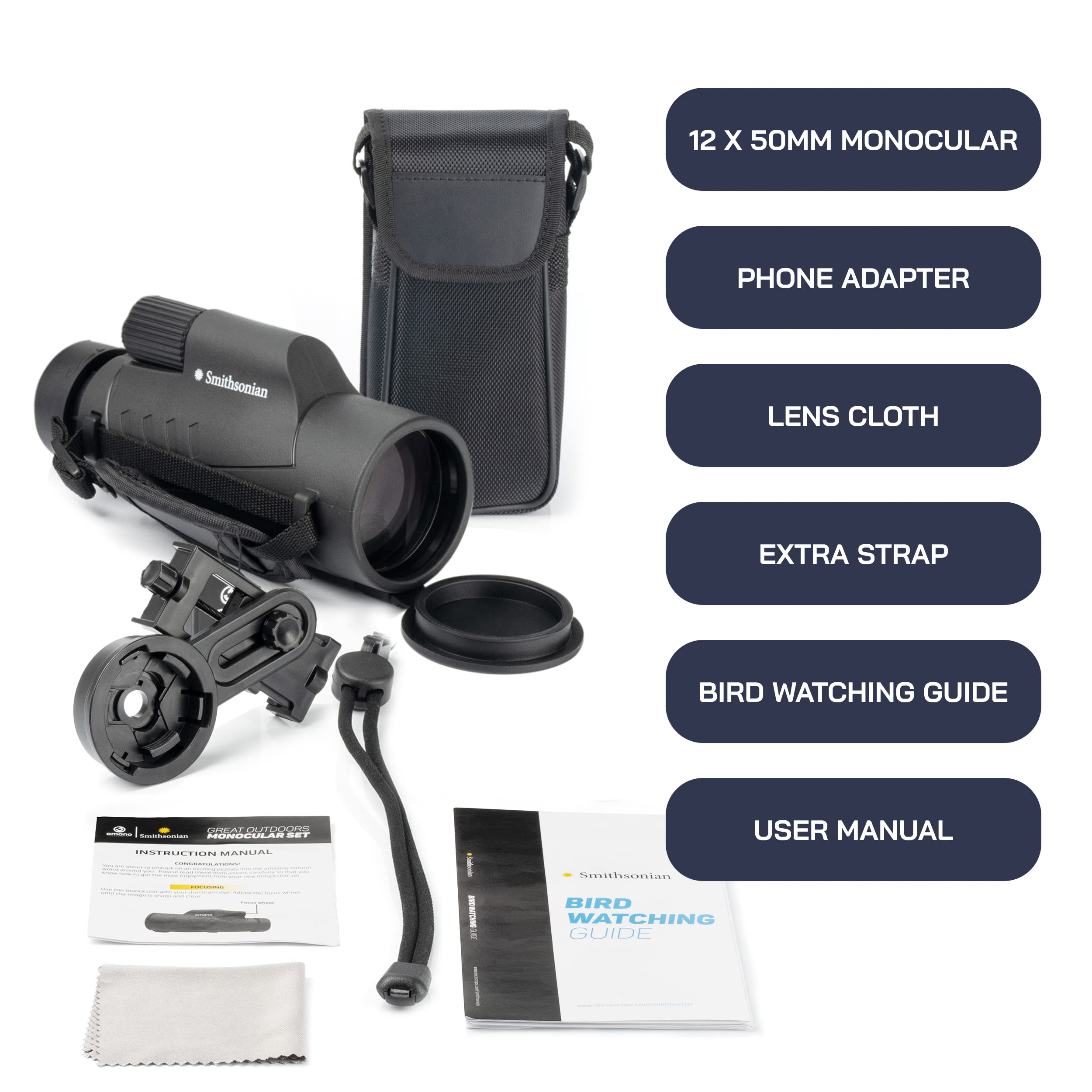 Omano Smithsonian 12X50 Monocular Telescope With Smartphone Adaptor – Monoculars For Adults - High Powered Telescope – Ideal Monocular For Bird Watching And Nature Enthusiasts – Hd Monocular Telescope