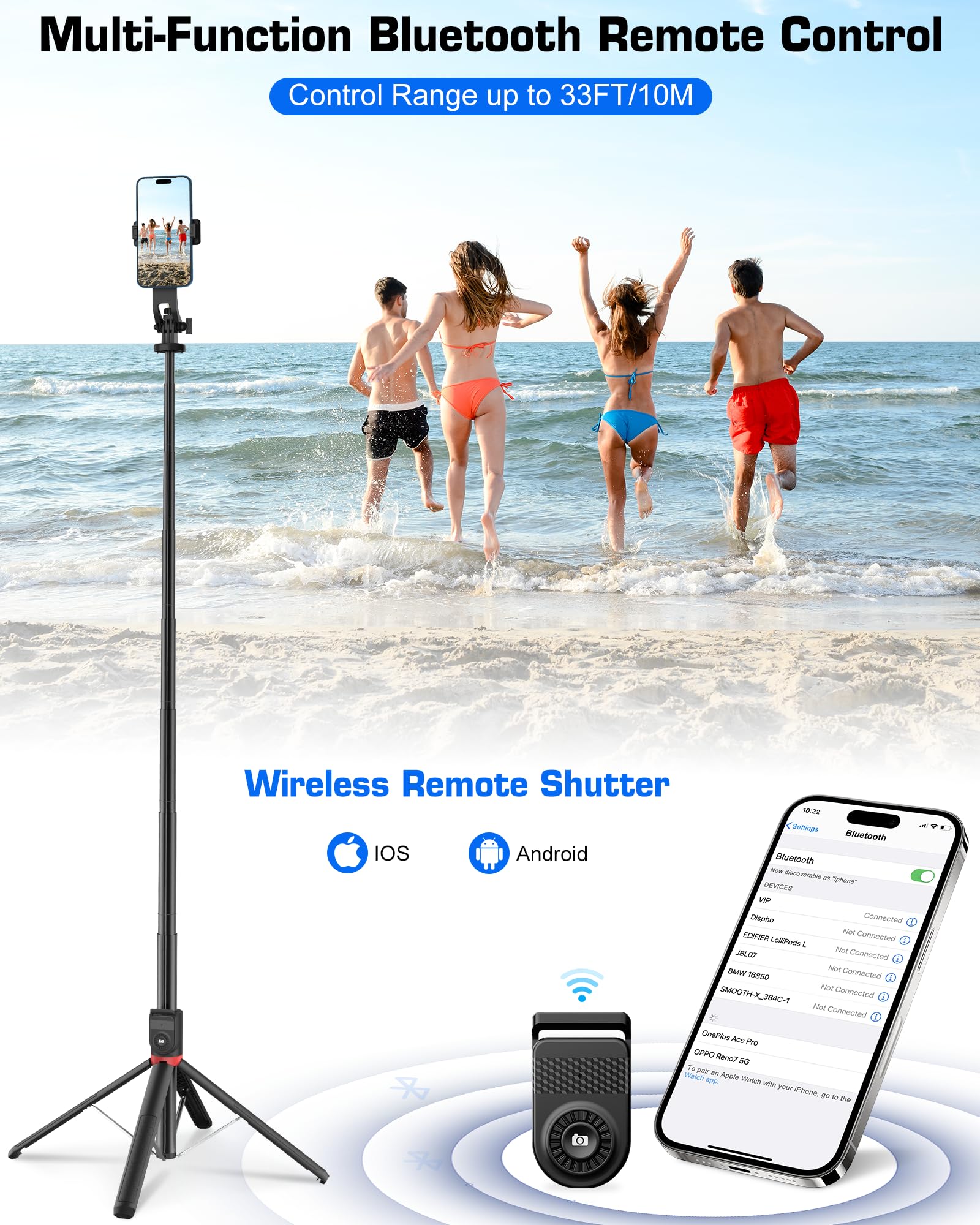 Fantcoo Iphone Selfie Stick Tripod With Bluetooth Remote, 86.6 Inches Retractable Phone Tripod Stand, Compatible With Iphone 14/13/12/11, Samsung, Cameras, Gopro And Other Smartphones
