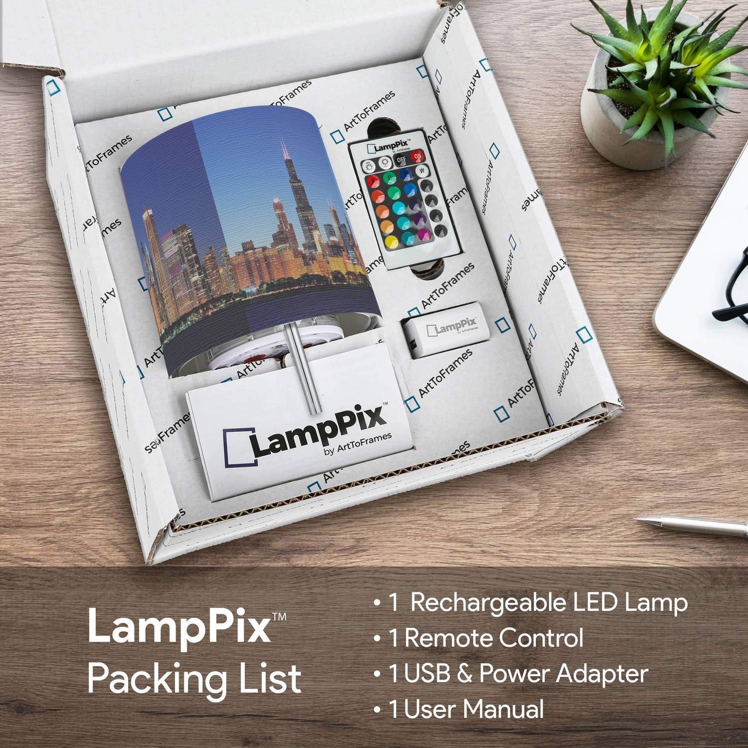 Lamppix Led Desk Lamp Chicago Skyline Canvas Printed Table Light Comes With 16 Color Rechargeable Light Bulb With 5 Level Dimmer And Remote Control And Chrome Standoffs. Made In The Usa