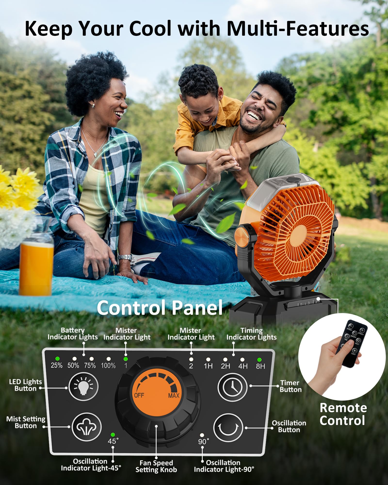 Rechargeable Portable Fan, Battery Powered Fan, Large, Orange, Hy-8136W