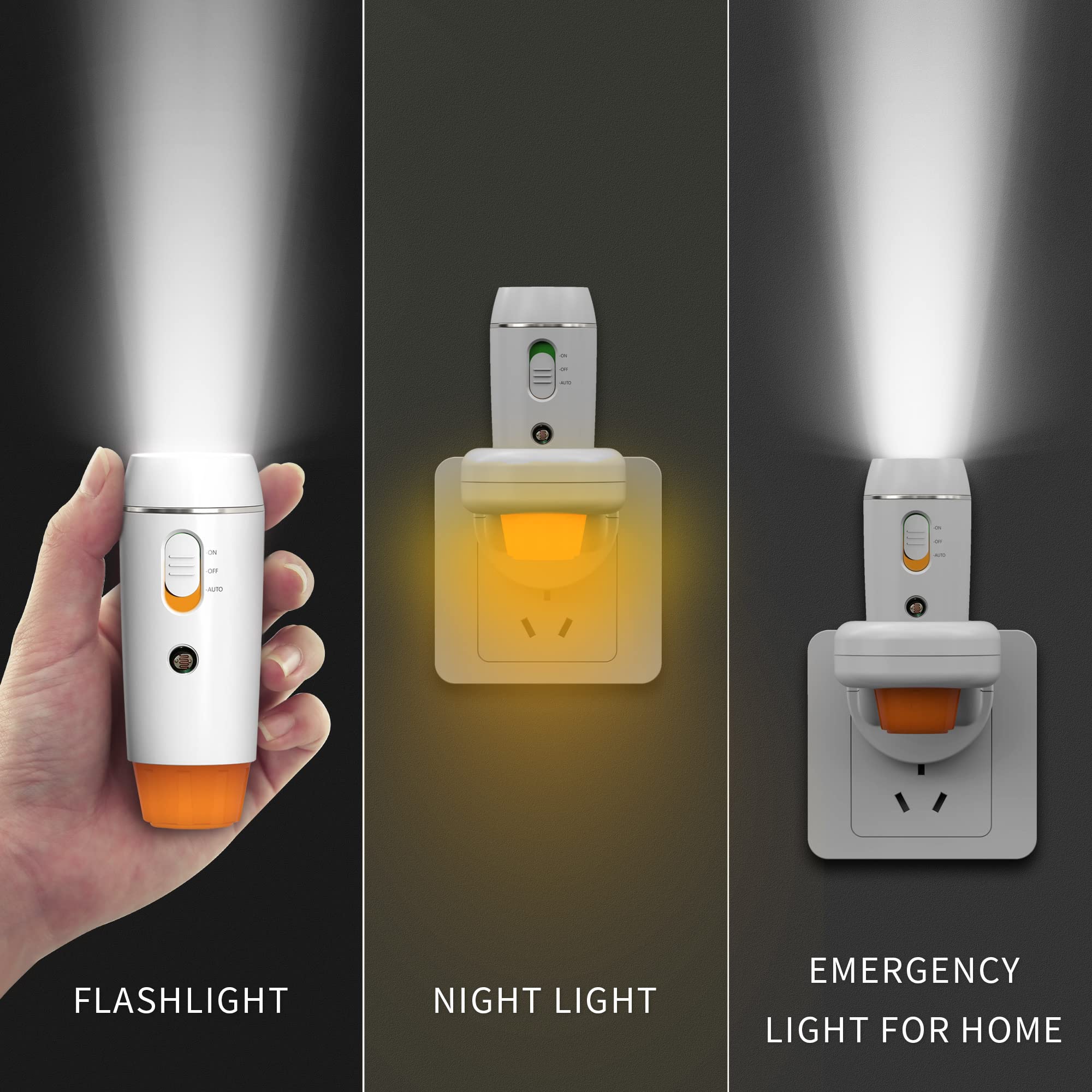 Aosbet Thovas Emergency Flashlight - 3-In-1 Led Power Failure Light, Rechargeable Flashlight, Plug-In Night Light, Multi-Function Flashlights - 2 Pack