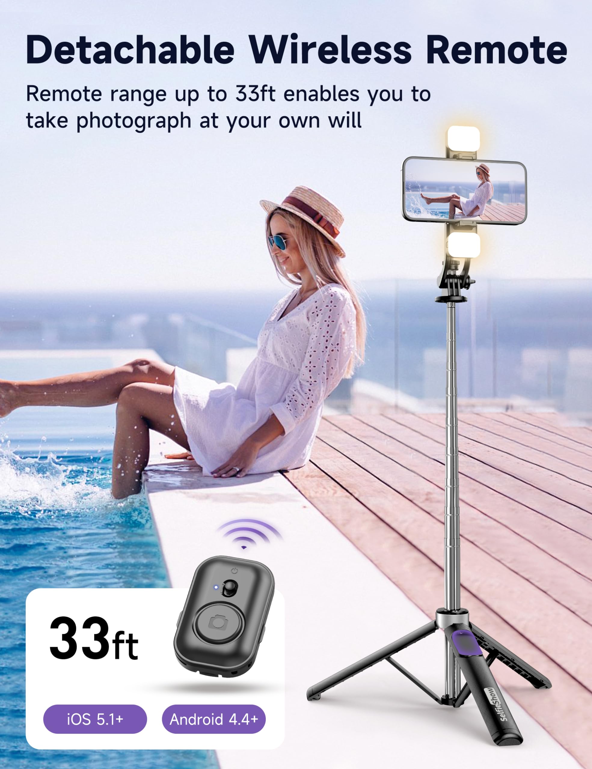 Selfieshow 53'' Selfie Stick Tripod With Light, Extendable Selfie Stick With Remote, Portable Cell Phone Tripod Stand With All In 1 Phone Clip, Lightweight Camera Tripod Compatible With Iphone 15 14 13, Android