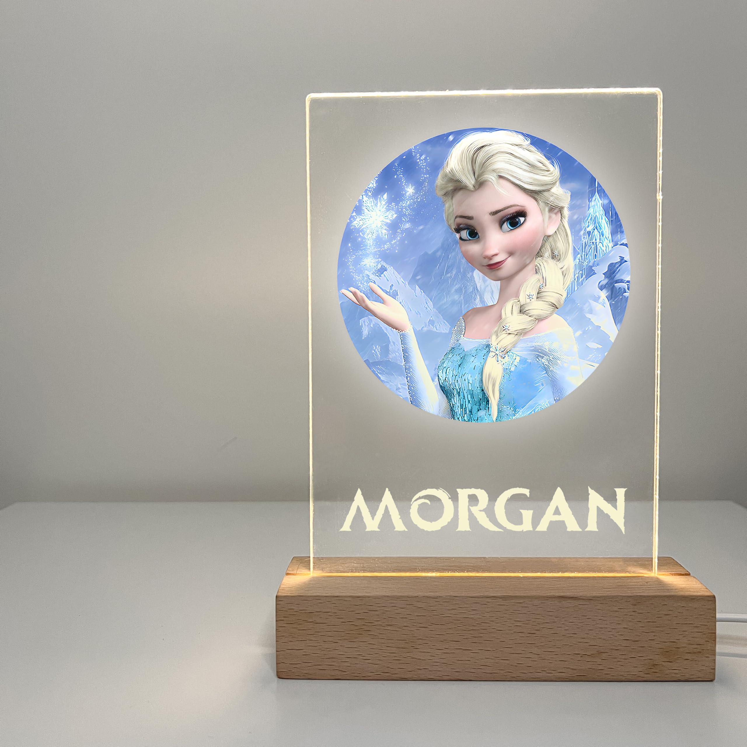 Mirror Mania Frozen Premium Elsa Wood Base Stand Soft Night Light Up Table Desk Lamp Led Princess Sign Personalized Engraved With Your Name On It, Made To Order Home Girls Room Decor, A Must Have