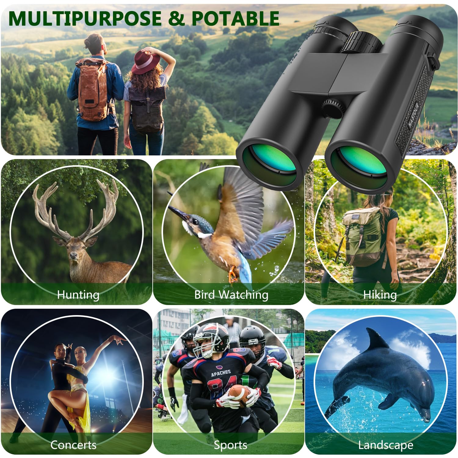 Mastour 12X42 Binoculars For Adults And Kids High Powered Large Eyepiece Compact For Bird Watching Waterproof Easy Focus Binoculars With Low Light Vision For Outdoor Hunting & Travel (Black)