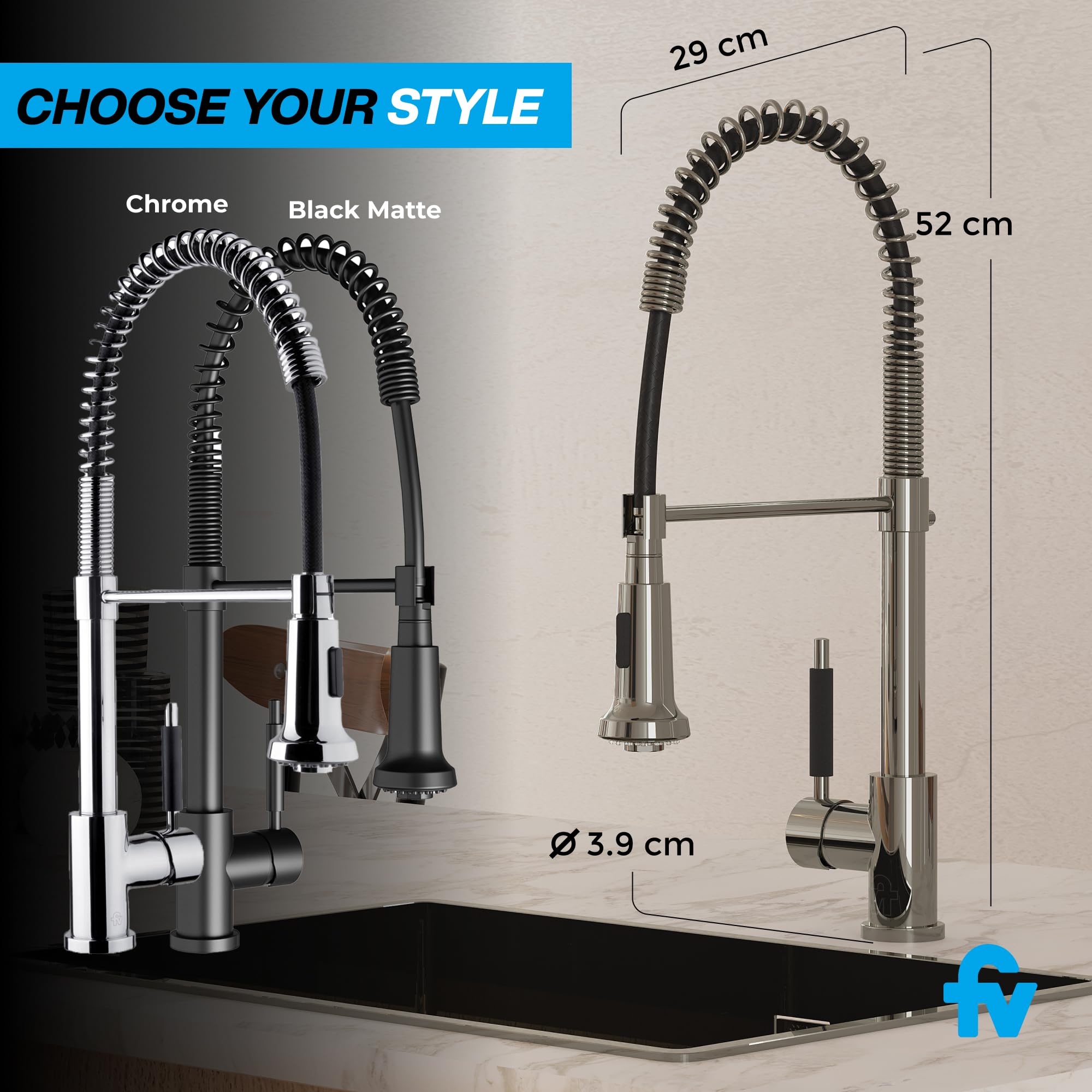 Fv Talampaya - Modern Kitchen Faucet - Chrome Kitchen Faucet - Kitchen Faucet With Sprayer - Faucet For Kitchen Sink - Kitchen Faucets With Pull Down Sprayer - Single-Bowl Faucet - (Chrome)