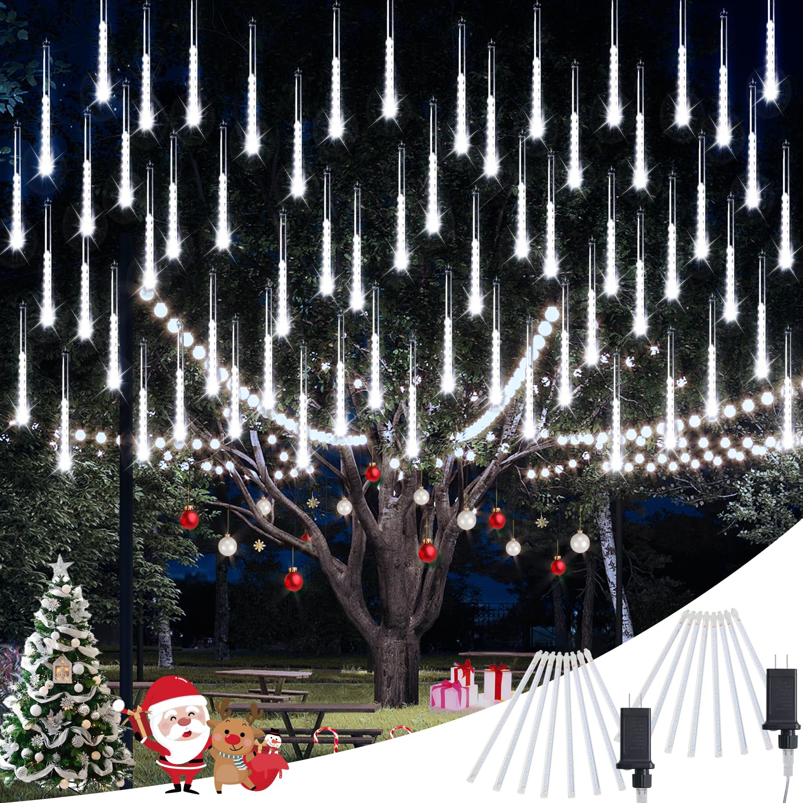 Jmexsuss 2 Pack White Meteor Shower Lights - Outdoor, Each 8 Tube 192 Led, Waterproof Plug In Meteor Lights For Outside Tree, Wedding Party, Patio Decoration