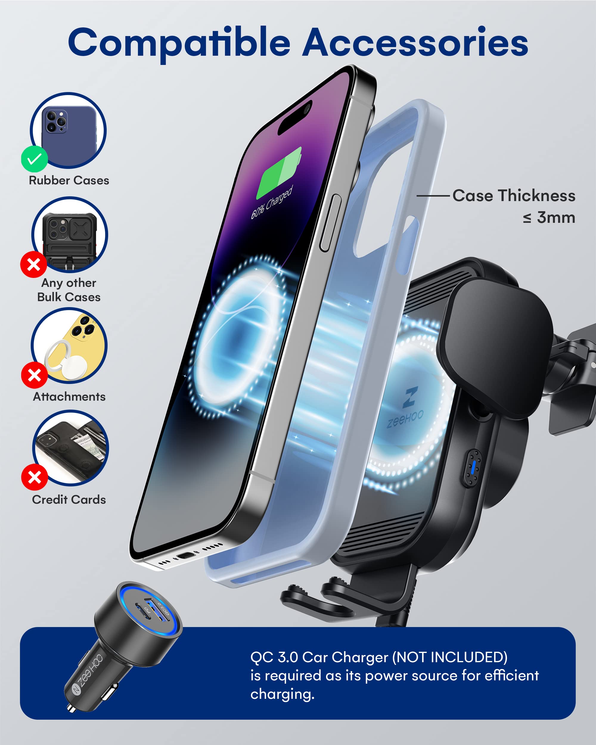 Zeehoo Wireless Car Charger, 15W Fast Charging, Auto Clamping Car Phone Mount, Cell Phone Holder Charger, For Iphone 15 14 13 12 11 Pro Max Xs, Etc. (Black)