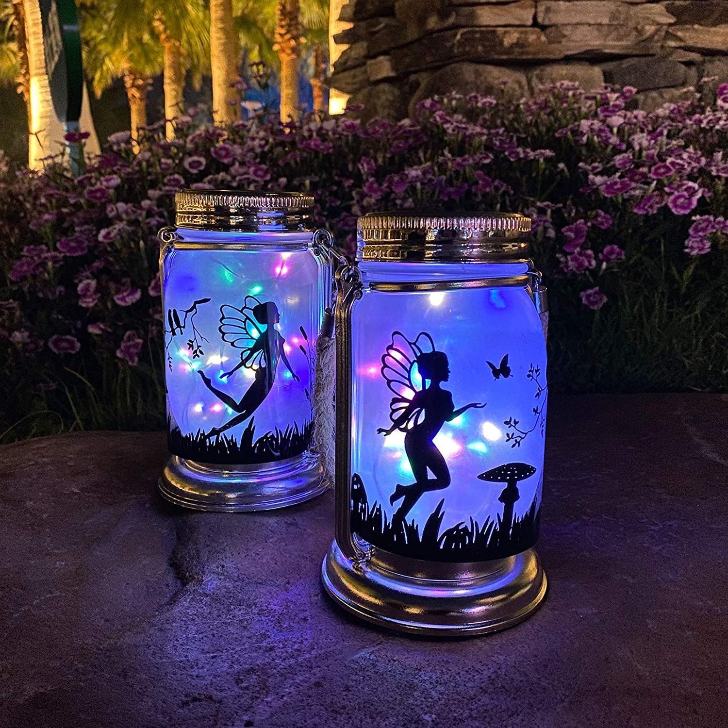 Angmln Solar Fairy Lantern For Garden Decorations- 2 Pack Outdoor Fairies Night Lights Mothers Day  For Woman Mom Grandma, Hanging Lamp Frosted Glass Jar For Home Yard Patio Lawn Party Decor