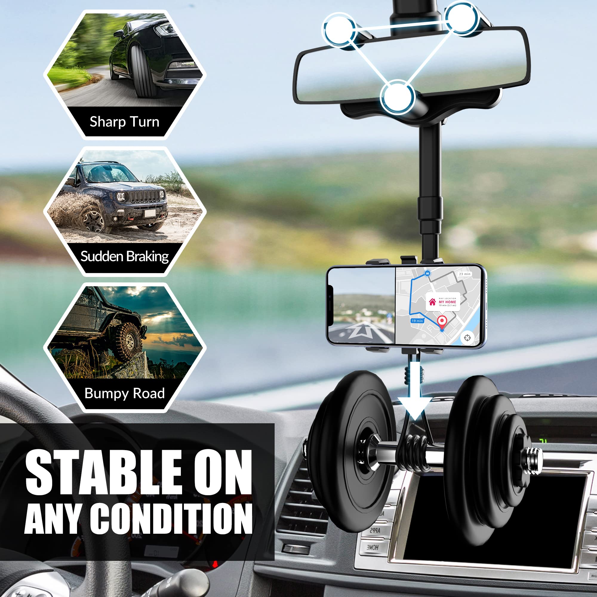 Sxhyf Rear View Mirror Phone Holder,  Rotatable And Retractable, Universal Mount, Cell Car Fit For Iphone 11 12 13 14 Pro Max Samsung All Phone