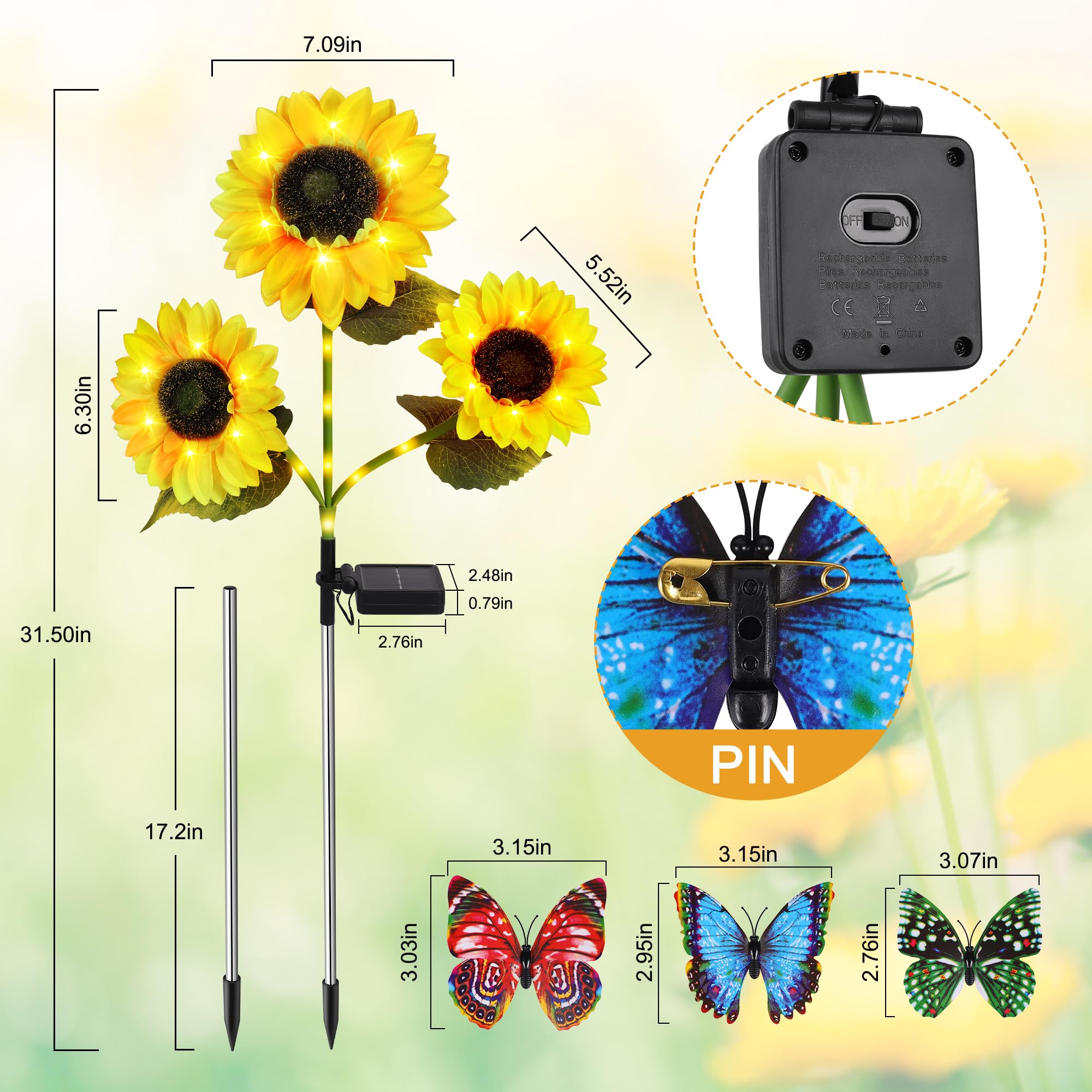 Wind Star Solar Sunflower Lights Decorative, 3 Pack Solar Garden Lights Outdoor With 9 Lifelike Sunflowers And 3 Butterflies, Flower Solar Lights For Yard Pathway Garden Decor And Gift