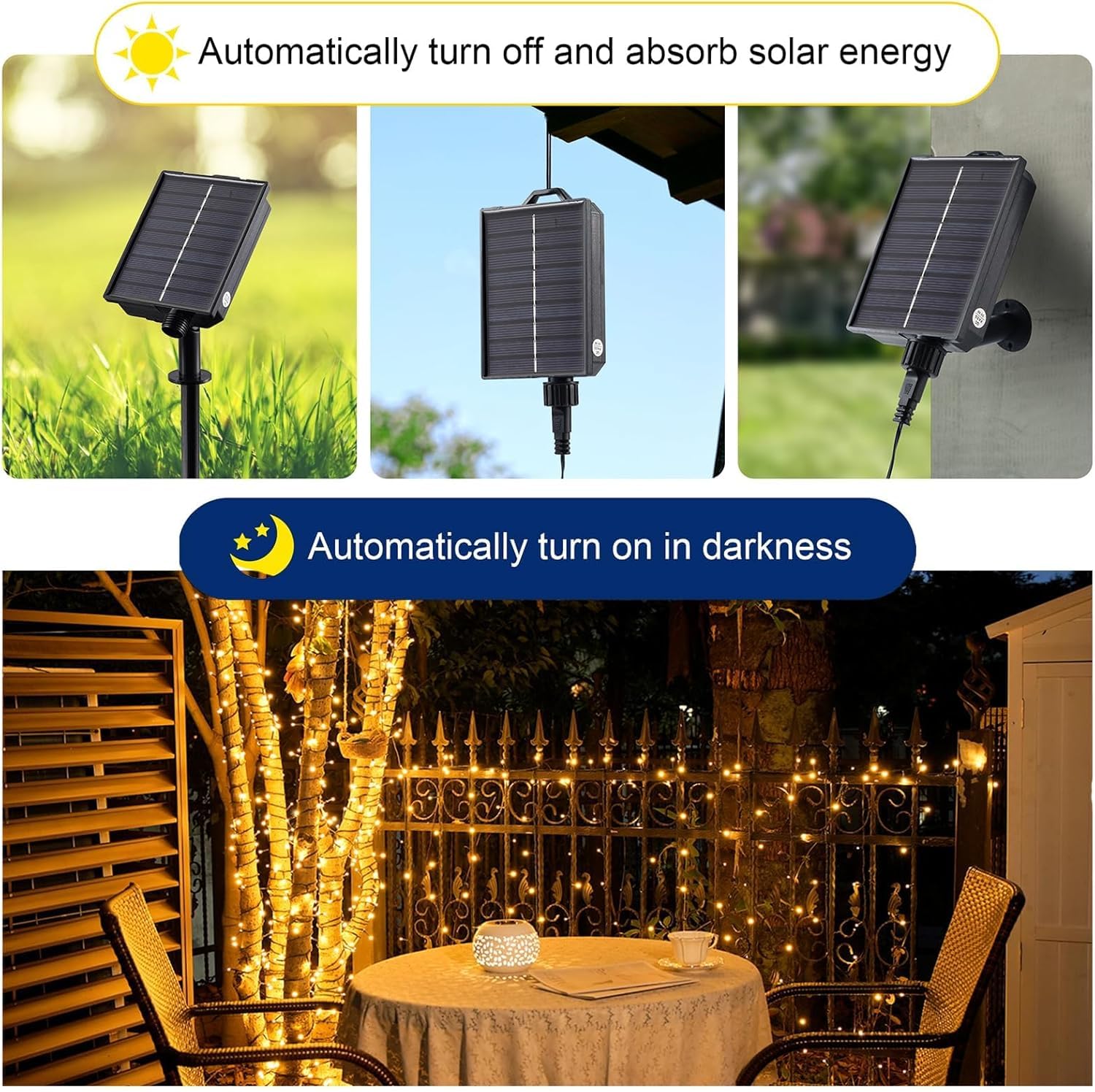 Merrimax M Solar String Lights Outdoor, 33Ft 100 Led Solar Fairy Lights 8 Modes Waterproof Xmas Lights For Garden, Patio, Home, Party, Wedding, Holiday, Tree, Outdoor Decor (Warm White, 1 Pack)