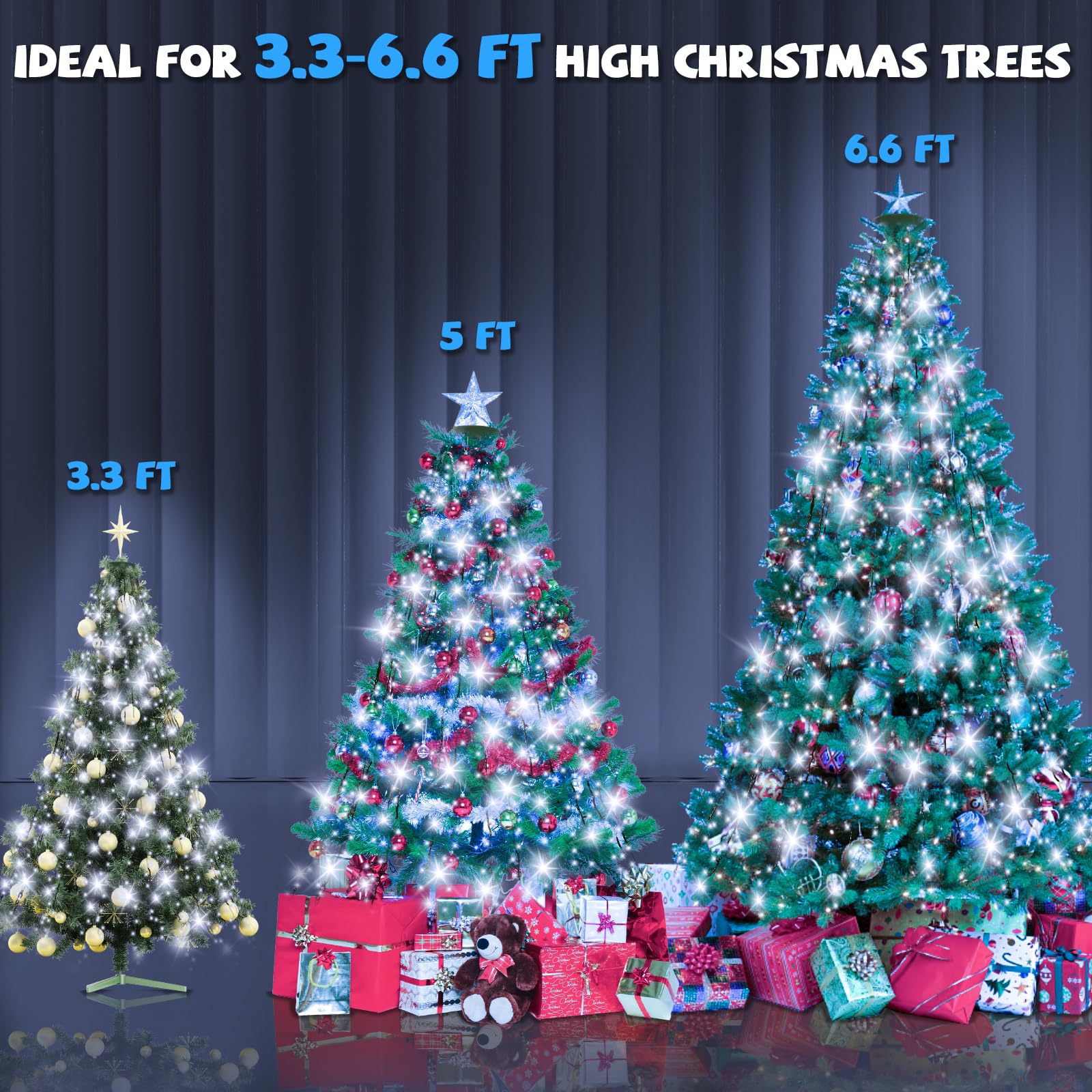 Ffzzkj 400 Led Christmas Tree Lights 8 Modes Christmas String Lights For Tree With Timer 6.6Ft X 16 Lines Lights String Waterproof Christmas Decorations Outdoor/Indoor With Memory Function, Cold White