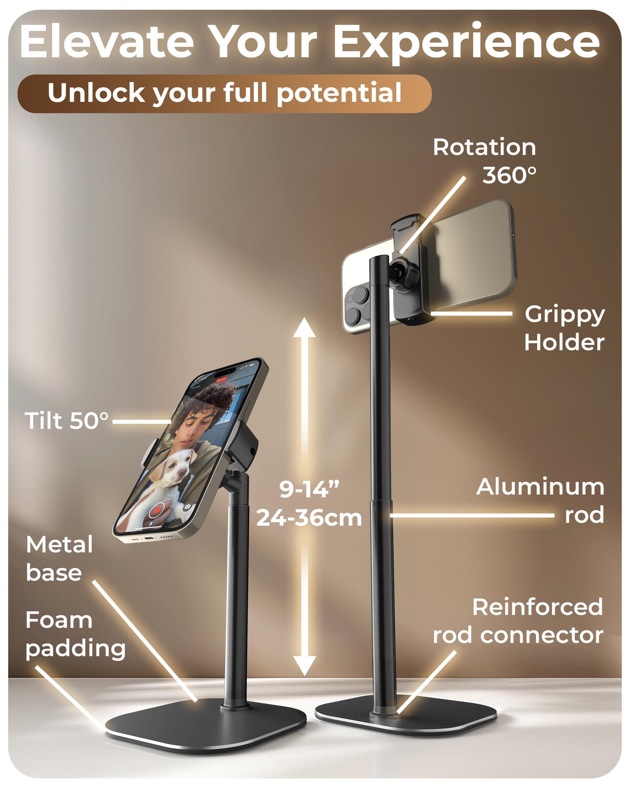 Cooper Cases Cooper Chatstand Adjustable Cell Phone Stand For Desk & Video Recording, Rotating Cell Phone Holder For Desk For All Iphone, Samsung, Android, 9-14" Face-Level Metal Desktop Tripod (Night Black)