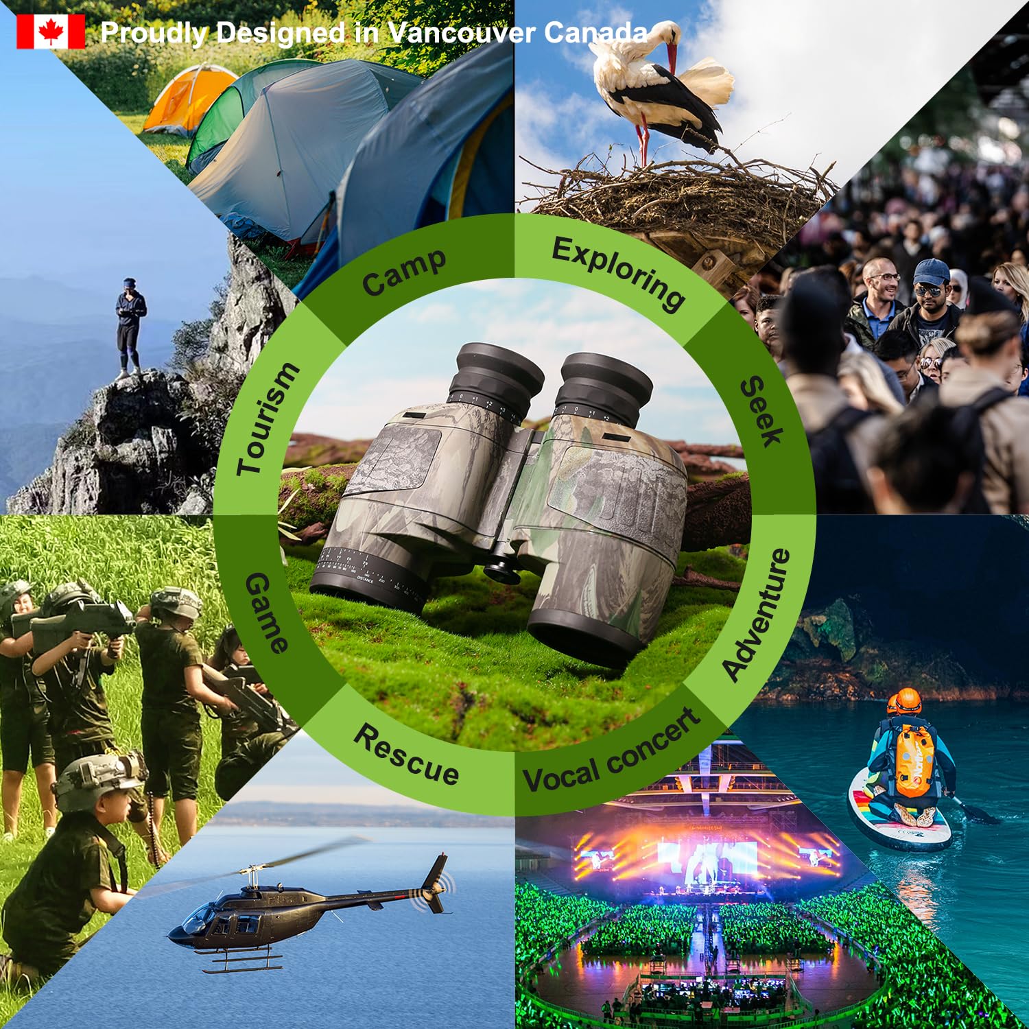 Fetchfalcon Fetch Falcon10X50 Military Nitrogen Filled Binoculars Bak4 Fmc Ipx7 Waterproof Compact Binoculars For Adults High Powered For Travel,Marine,Bird Watching And Outdoor Sports (Camo Maple Leaf Compass)