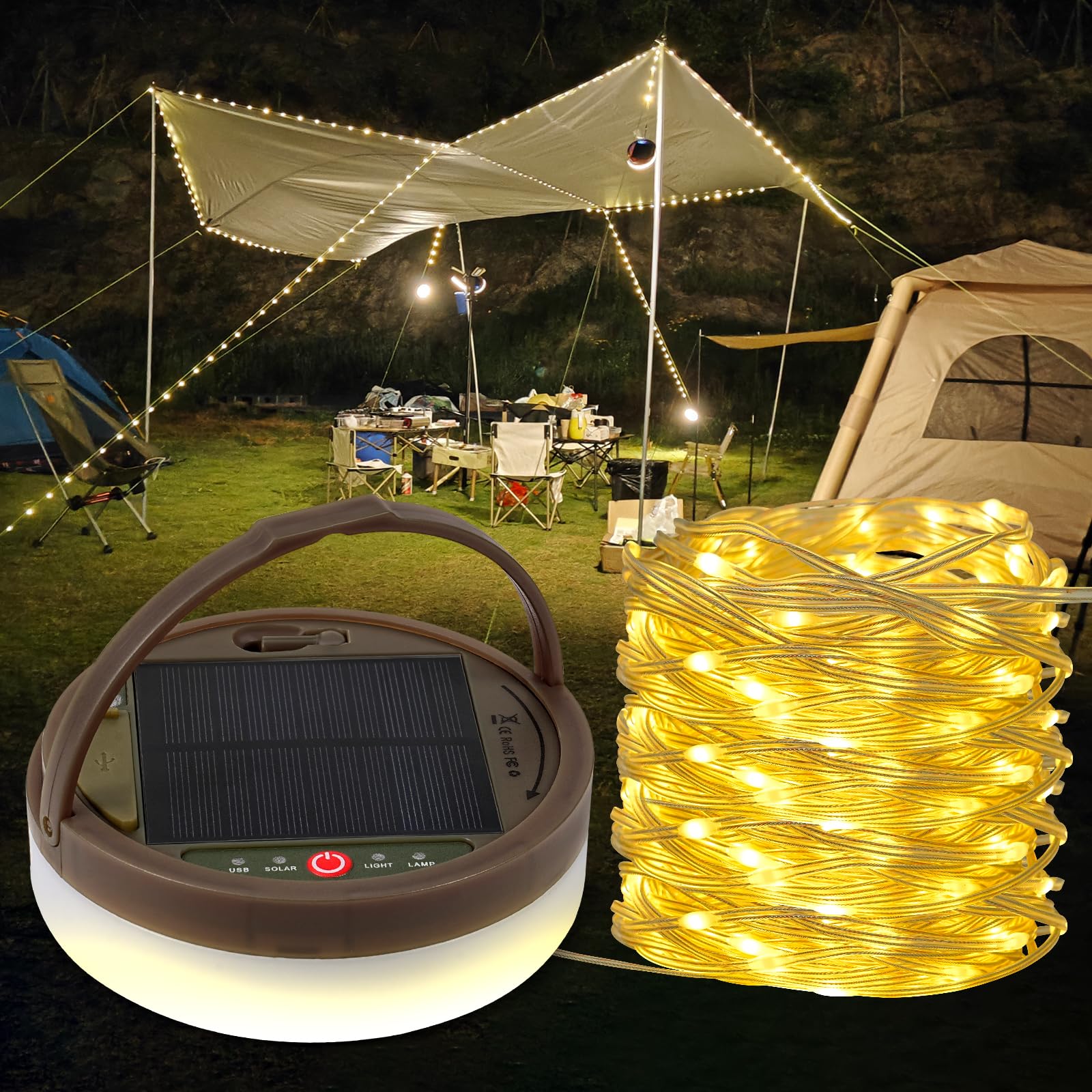 Black Elk Peak Solar Camping String Lights 32.8 Ft, Rechargeable Led Outdoor Camping Lantern, 8 Lighting Modes, Remote Control, Ip44 Waterproof, Foldable Handle, Power Bank, Portable For Hiking, Yard, Deco(32.8Ft)