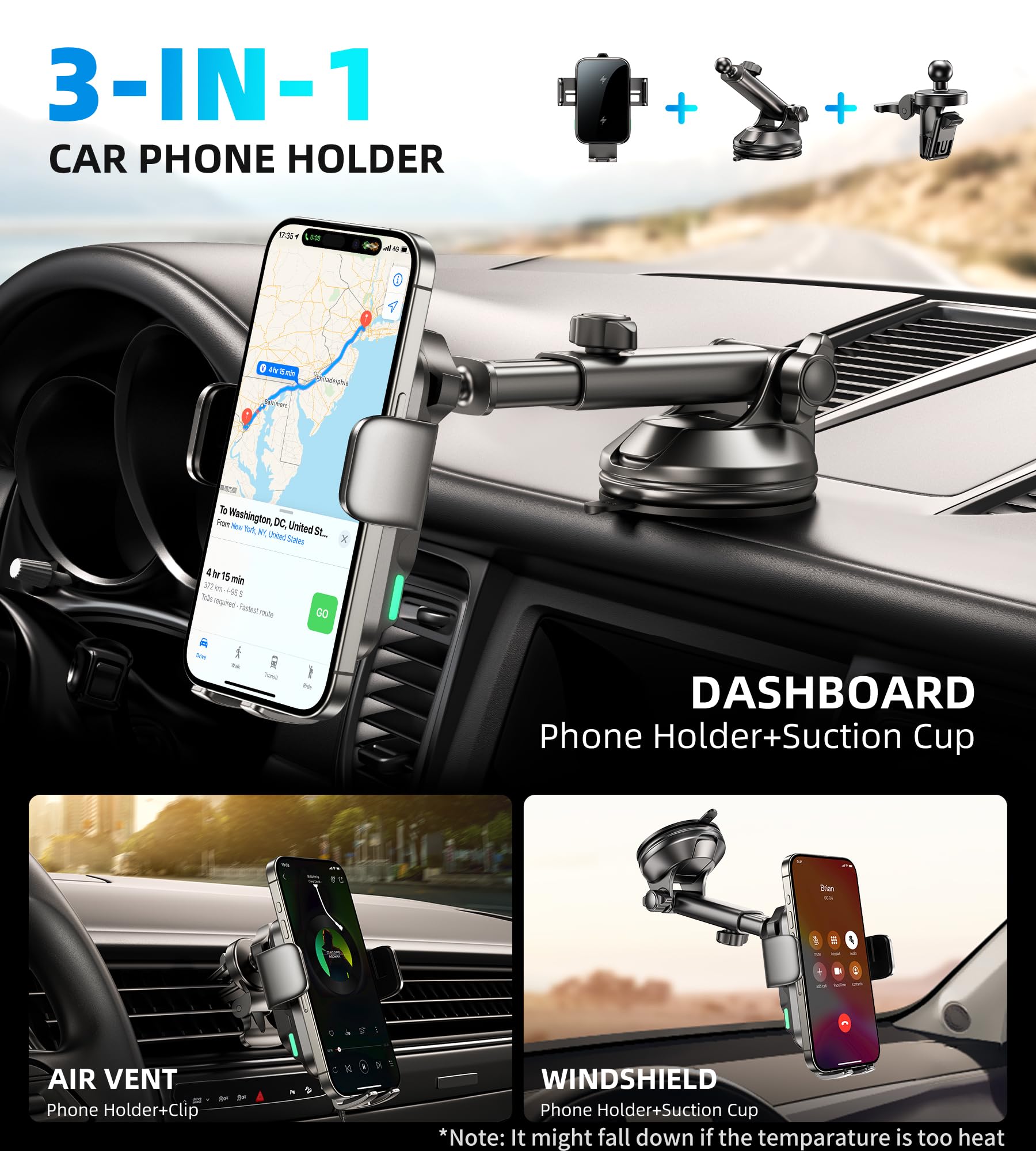 Gumosh Dual Coil 15W Car Phone Holder (Not Easy To Disconnect) Wireless Car Charger -Auto Clamping- Charging Phone Holders For Your Car Dash Vent Windshield, For Flip S24/S23/S22/S21, Iphone Series
