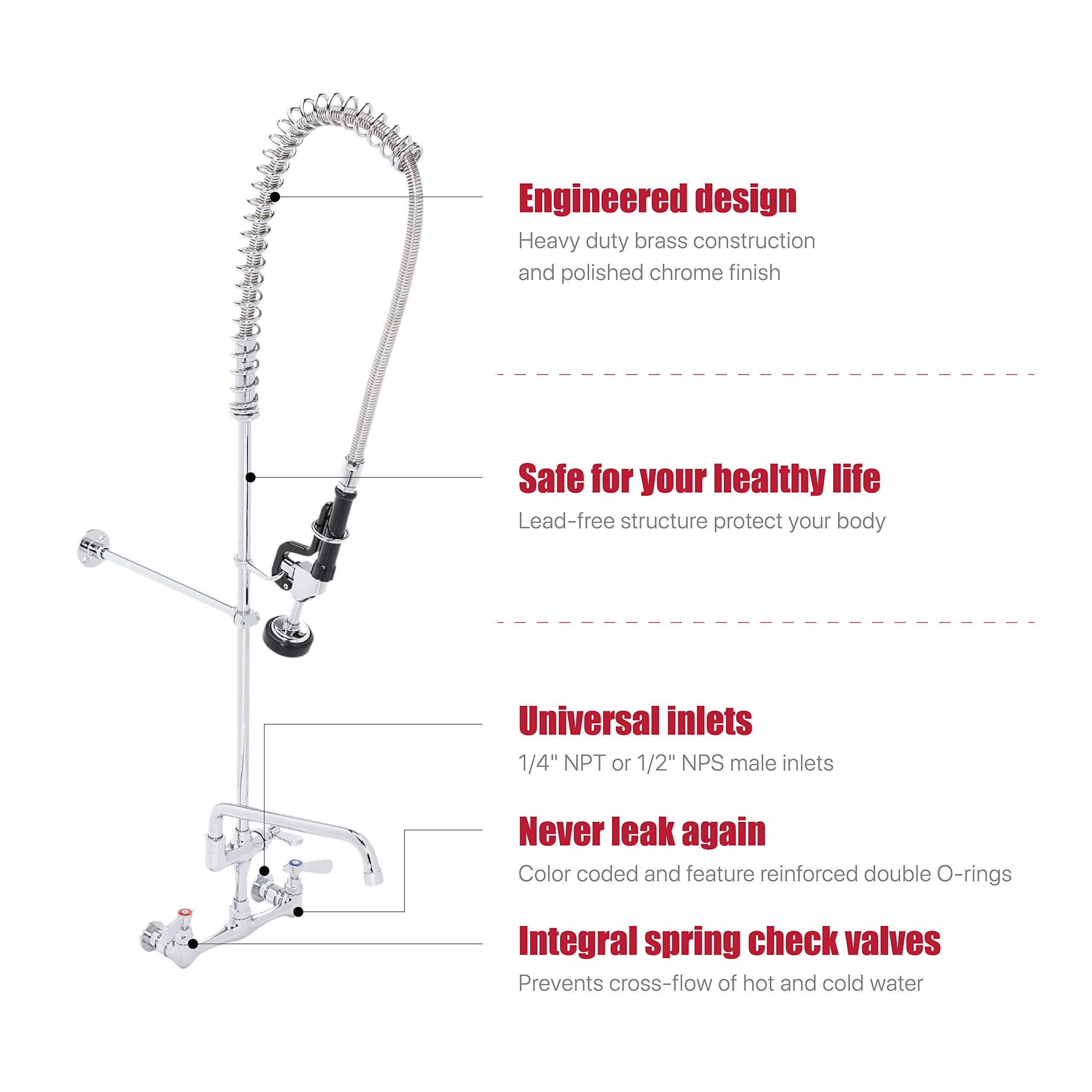 Durasteel Commercial Kitchen Wall Mount Pre-Rinse Faucet, 42" Height 8" Center With Coiled Spring Pull Down Sprayer And 12" Add-On Faucet, Brass Constructed Polished Chrome Body, 1 Set