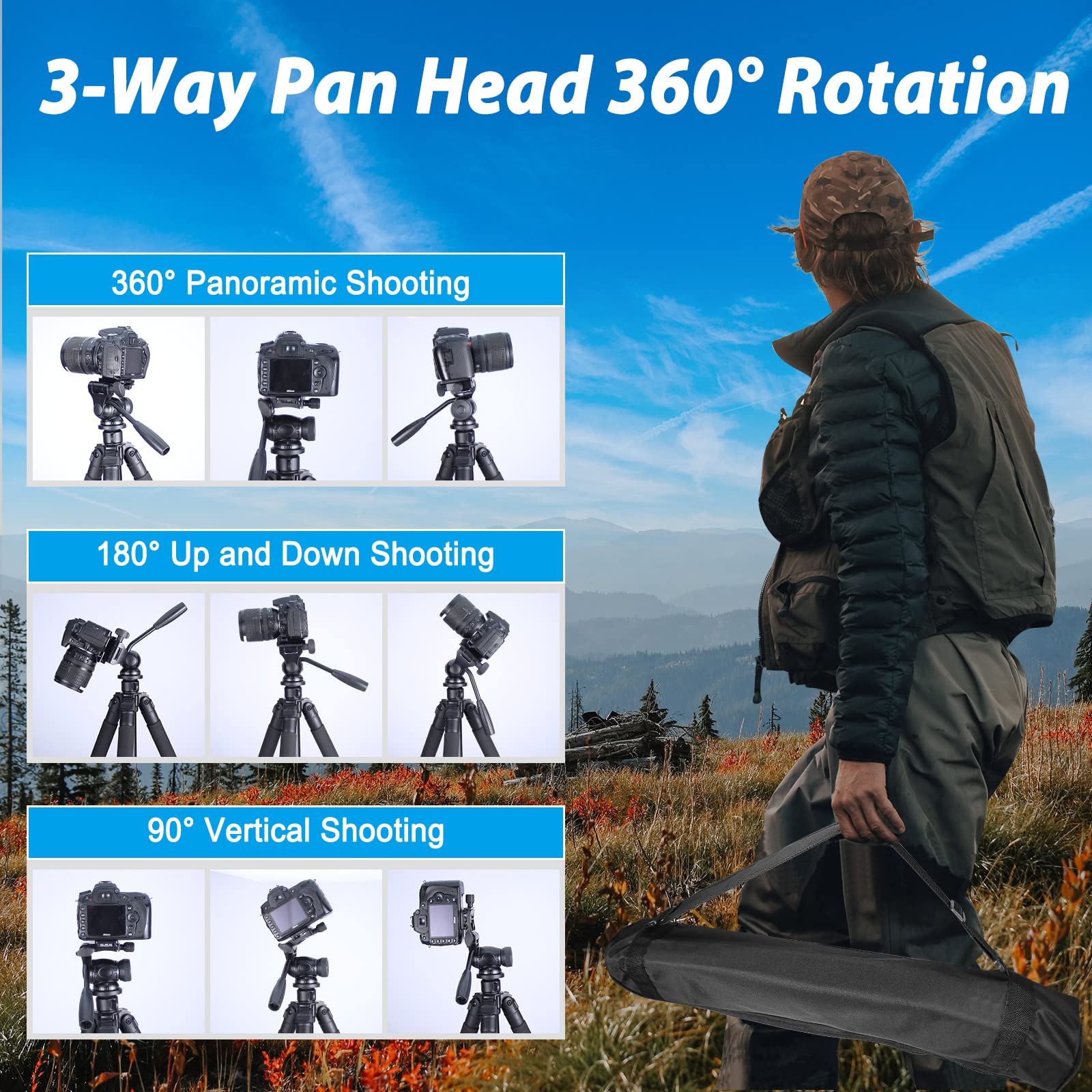 Celticbird 64.5 Inch Travel Portable Tripod- Compatible With Slr Cameras, Cell Phones, Binoculars, Spotting Scopes, Monoculars