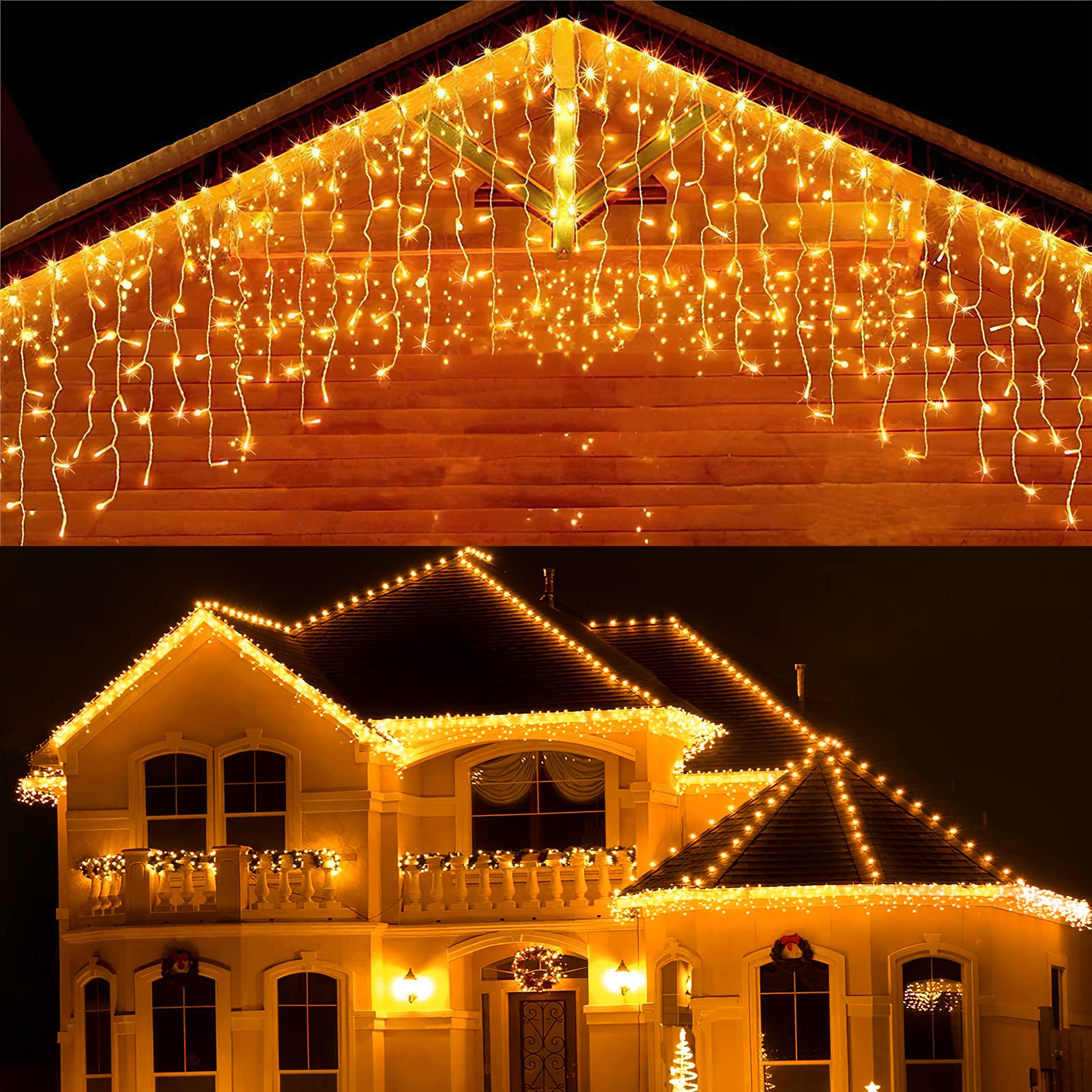 Techip Tchip Christmas Icicle Lights Outdoor, 33Ft 400 Led For Outside, Plug-In Curtain String Twinkle Tree 8 Modes Waterproof Patio Party Holiday Decorations Warm White