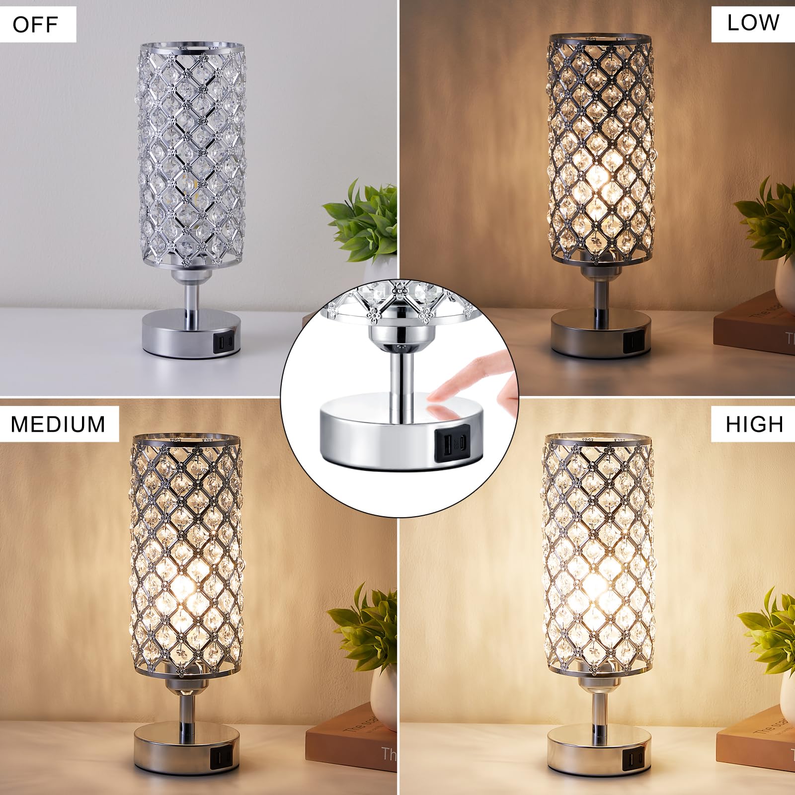 Hong-In Crystal Touch Lamp With Touch Control, Sliver Table Lamp With Usb-C+A Ports, 3 Way Dimmable Bedside Lamp Decorative Modern Nightstand Lamp, Bedroom Light For Living Room Side Table(Bulb Included)