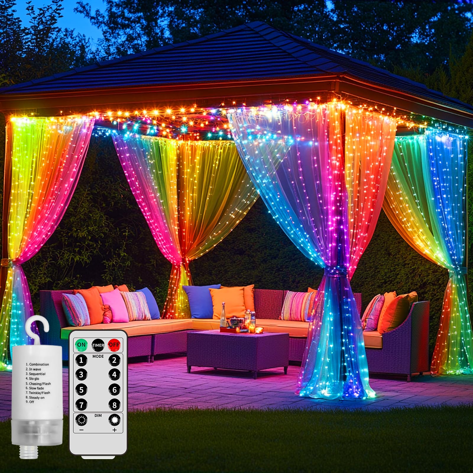 Qlirjad Curtain Lights Battery Operated 10X10Ft 300Led Waterproof Waterfall Light With 8 Modes Remote Dimmable Timer Memory Twinkle Fairy String Lights For Outdoor Indoor Gazebo Wedding Pergola Patio Bedroom