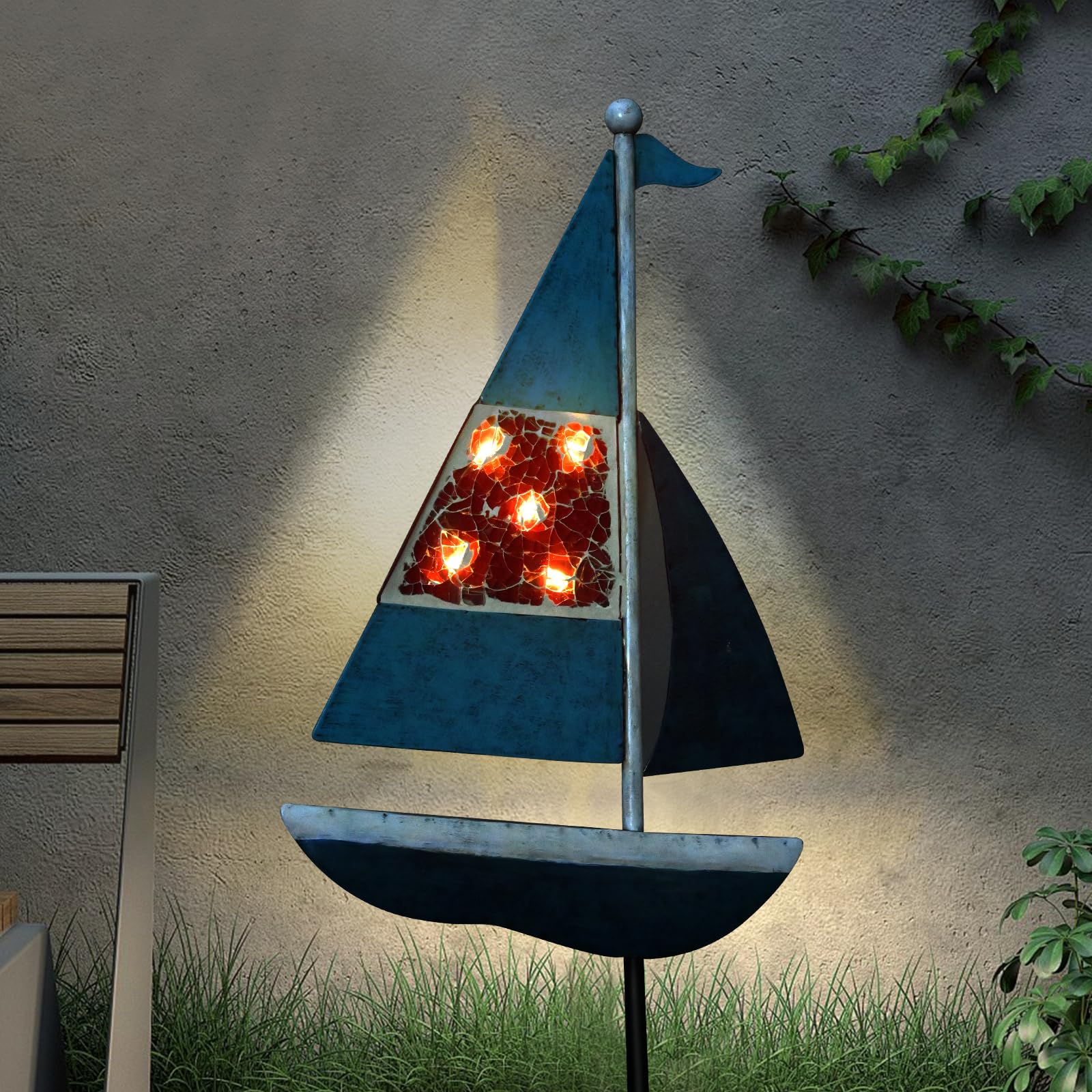 Yiosax Solar Garden Lights Sailboat Stake Decor-Yard Outdoor Statue Decorations Waterproof 5 Led Metal Landscape Lighting Flower Bed,Pond,Yard,Lawn Gift For Mom Grandma Women