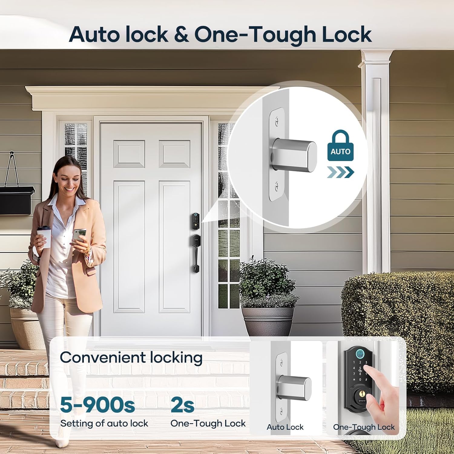 Smonet Smart Lock Front Door, Keyless Entry Door Lock With Handle, Smart Front Door Lock Set Fingerprint Smart Deadbolt Bluetooth Electronic Digital Keypad Lock, Auto Lock Work With Alexa, Black