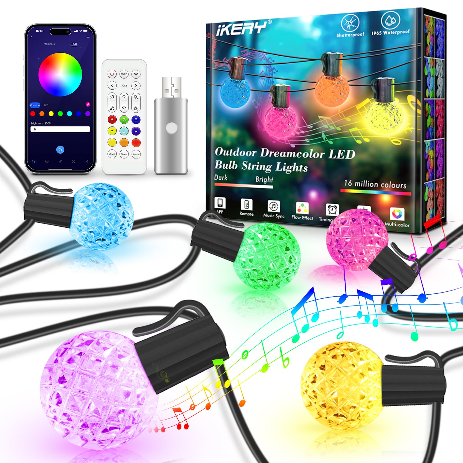 Ikery Rgb Outdoor String Lights 50Feet，Usb 5V G40 Globe Led Patio Lights With 25 Dimmable Led Bulbs, Remote+App Control，Waterproof Hanging Lights For Backyard Porch Balcony Party Decor Christmas